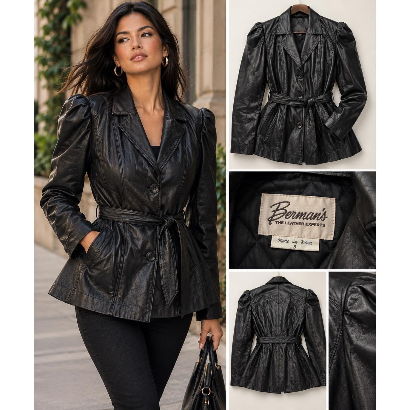 Berman\'s Vintage Black Leather Belted Puff Shoulder Jacket Coat Size 8 8064