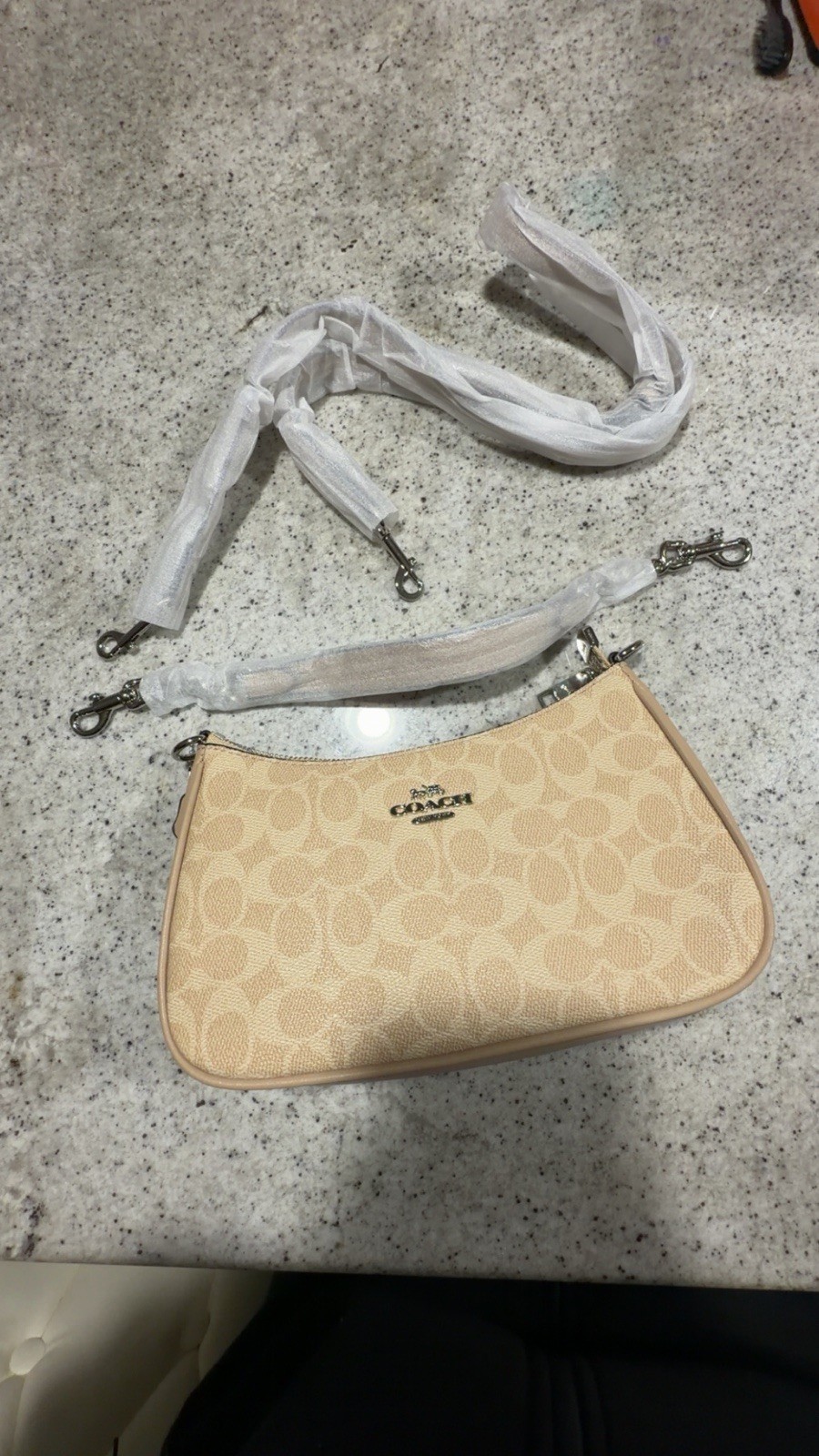 Coach Signature Teri Shoulder Bag Beige Coated Canvas Zip Detachable Strap