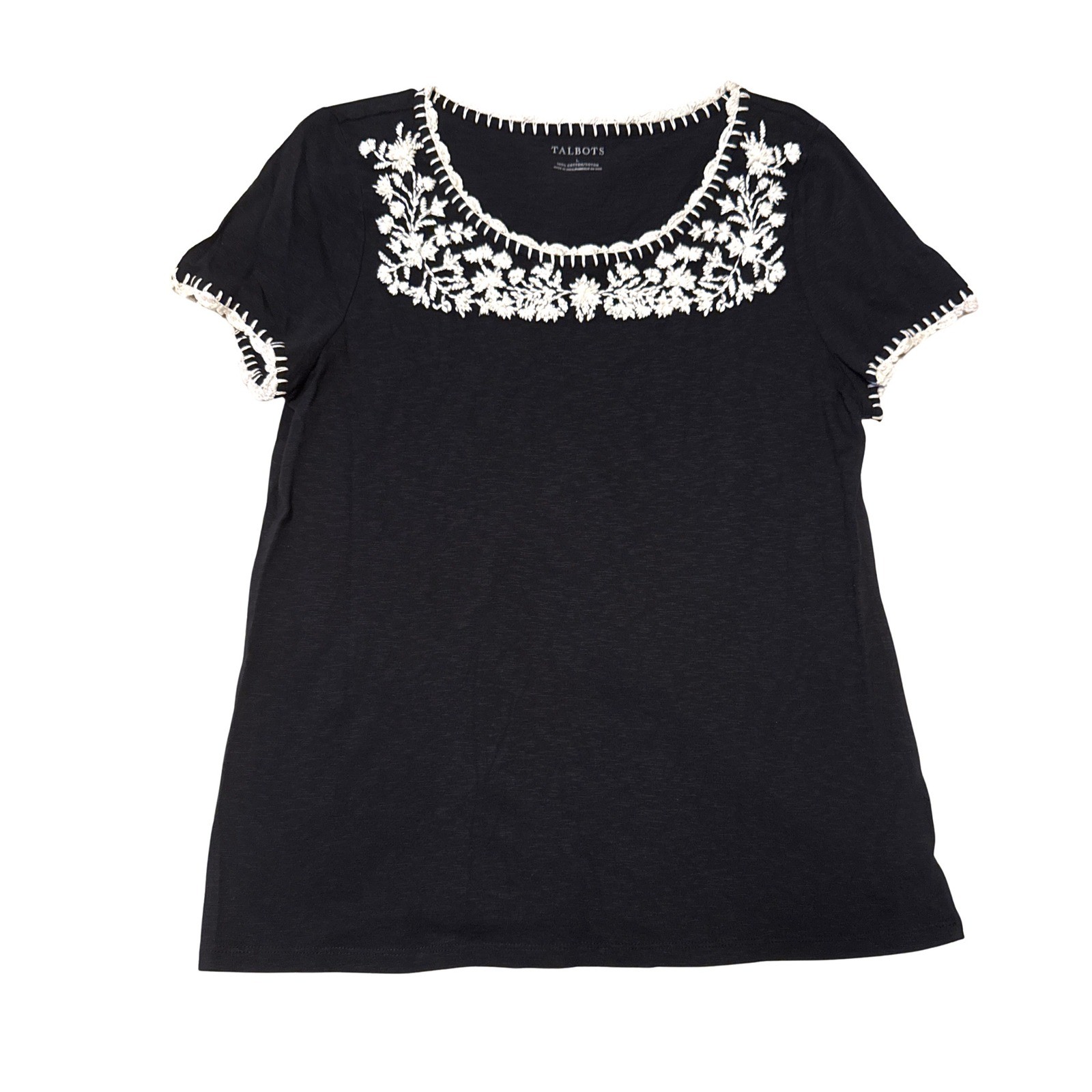 Talbots Womens Black Cotton Floral Embroidered Scoop Neck Tee Shirt Large NWT