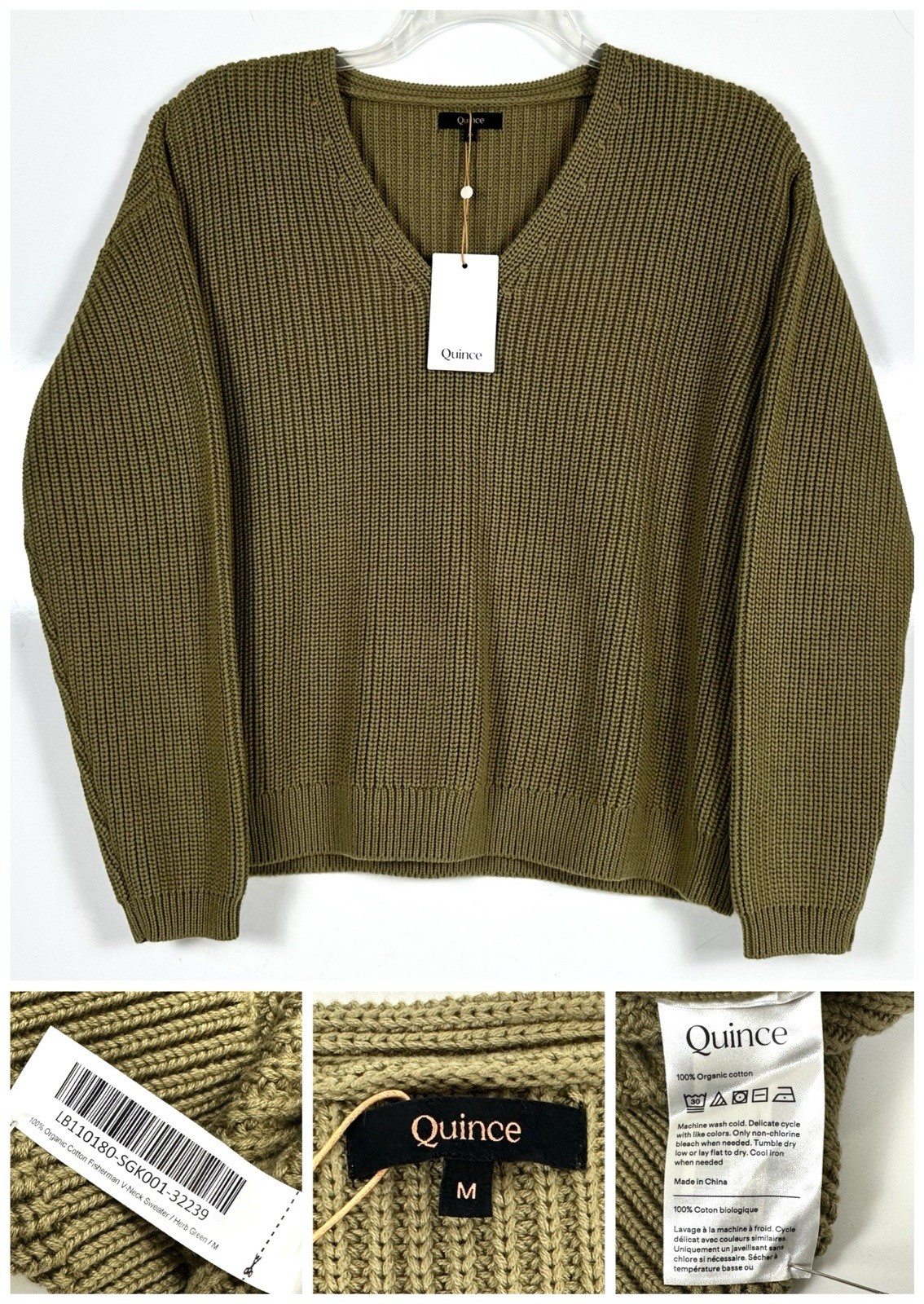 Quince 100% Organic Cotton Fisherman Crew Sweater Size Medium Herb Green NEW