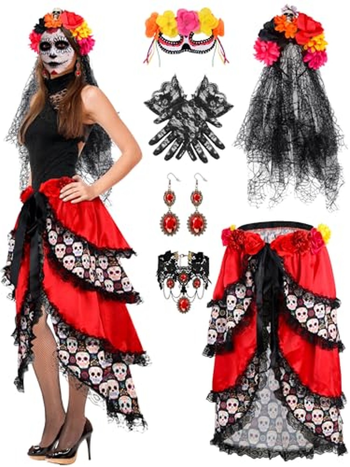 Liitrsh 7 Pcs Day of the Dead Costume Set, Lace Bustle Choker Gloves Crown