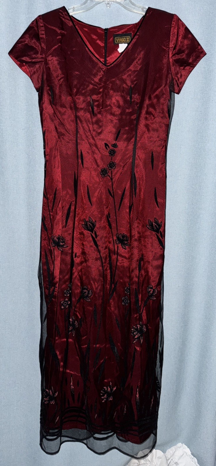 Vintage Virgo Formal Dress 6 Red Black Mesh Overlay Velvet Floral Goth 90s