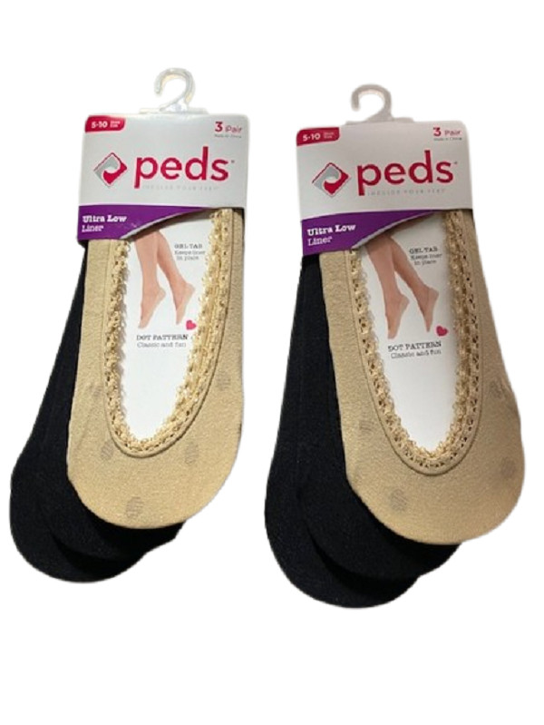 PEDS 6 PAIR 2 Packs Dot Pattern,  Ultra Low Liner Socks Gel Tab Heel