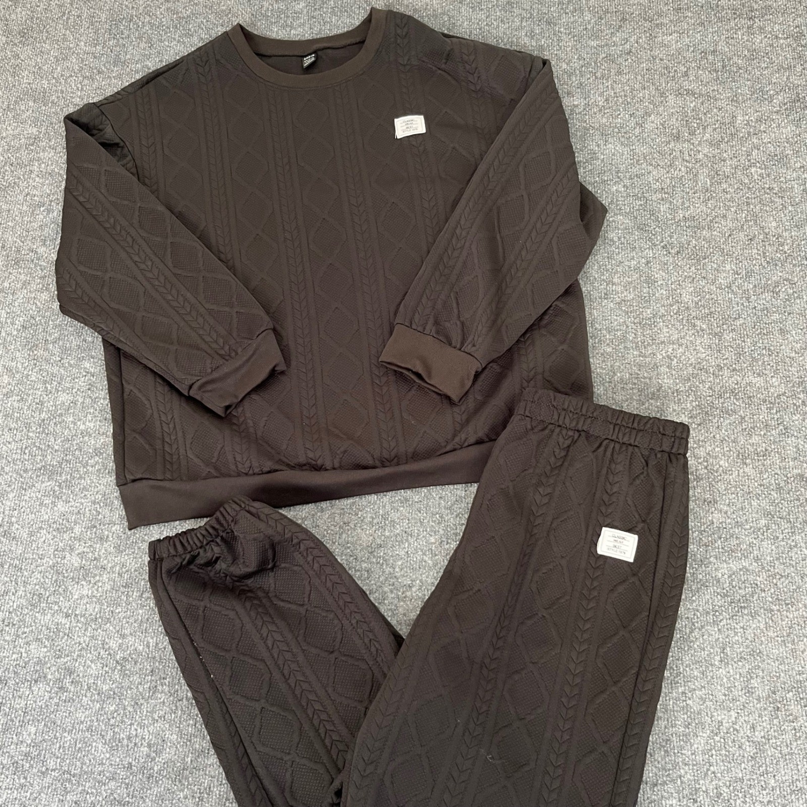Shein Mens Brown Textured Cable Knit Sweatshirt and Joggers Lounge Set Size L