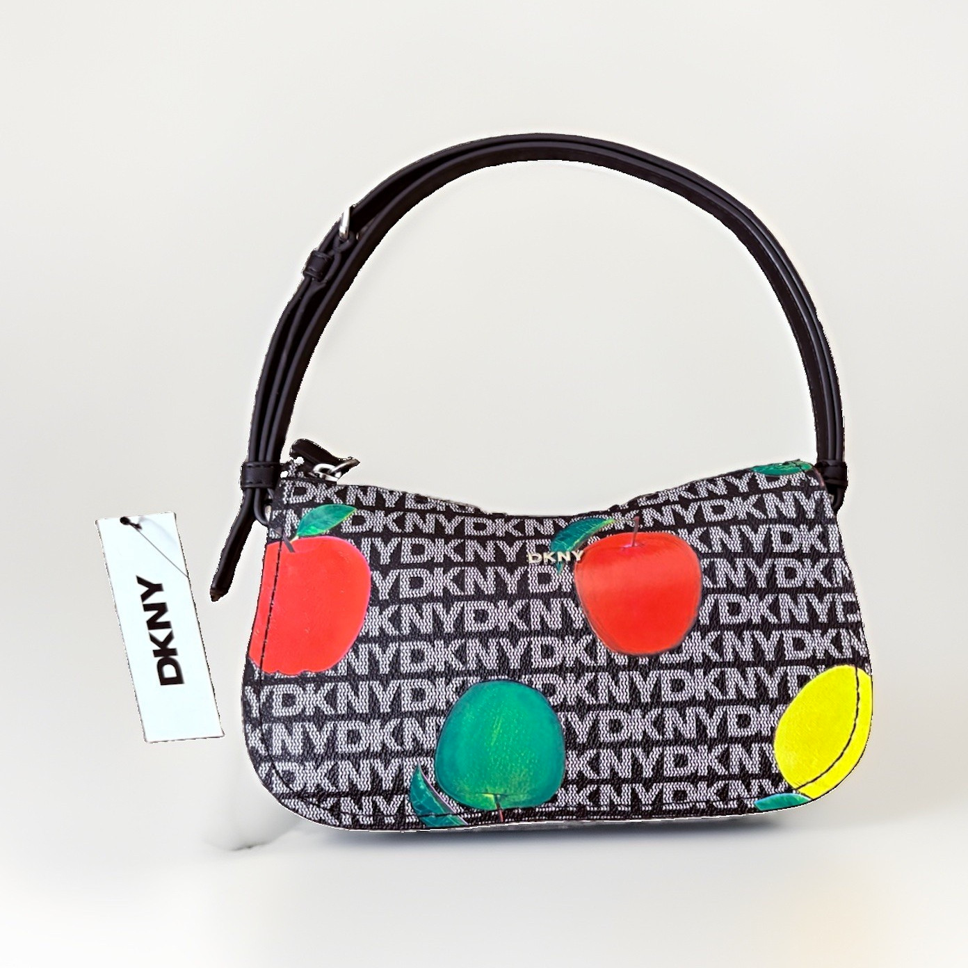 DKNY Jessa Shoulder Bag Logo Print Apple Applique Zip Top Canvas Small NWT