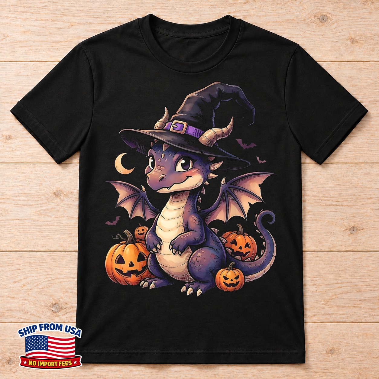 Cute Fantasy Dragon Witch Hat Moon Pumpkin Halloween T-Shirt