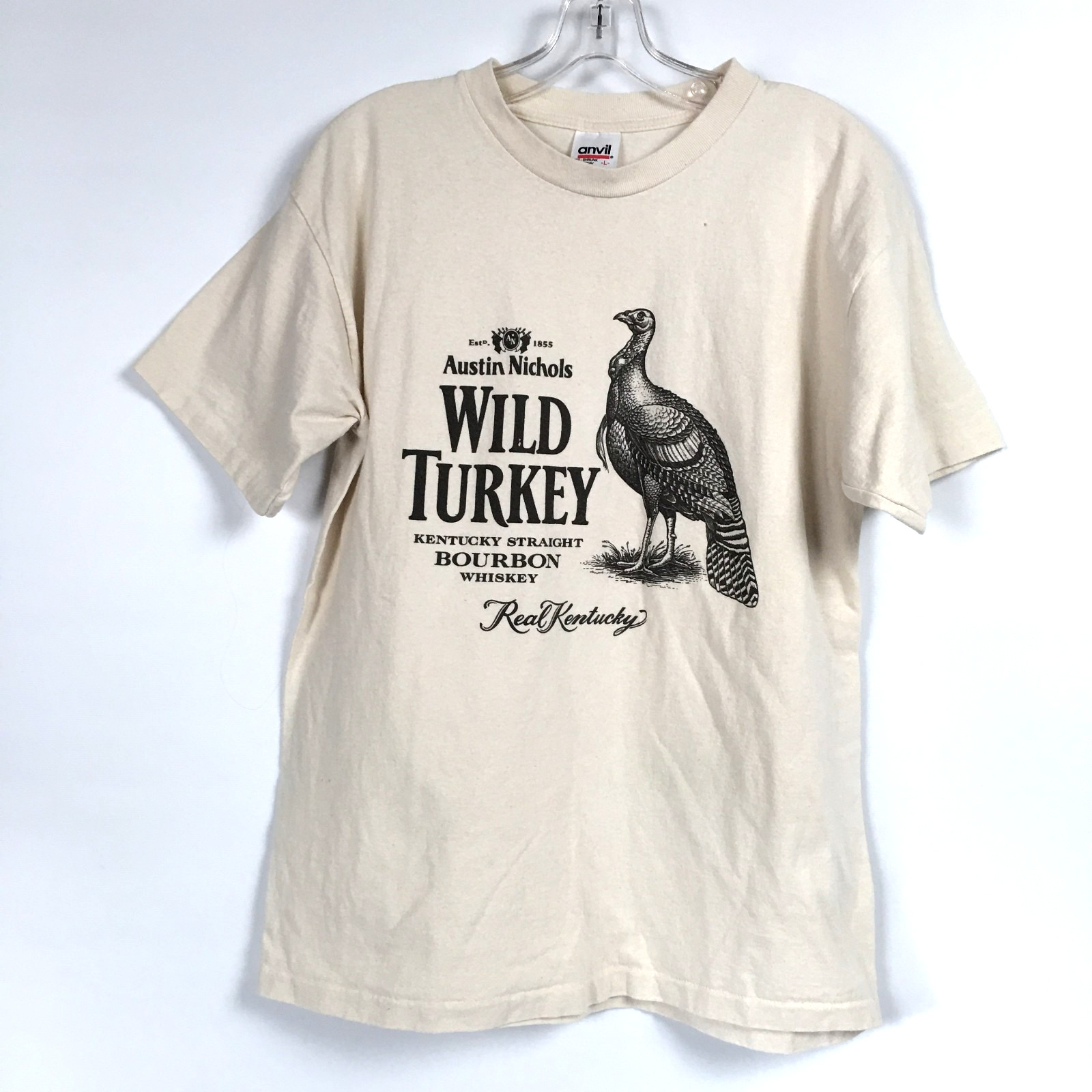 Vtg Anvil Wild Turkey Shirt Large Bourbon Whiskey Crew Single Stitch FLAW
