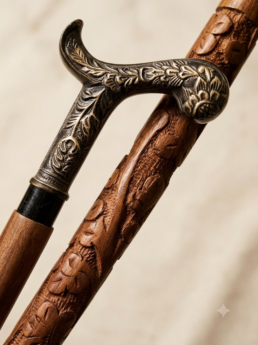 Vintage Brass Handle Wooden Walking Stick – Solid Wood Cane, Antique Style