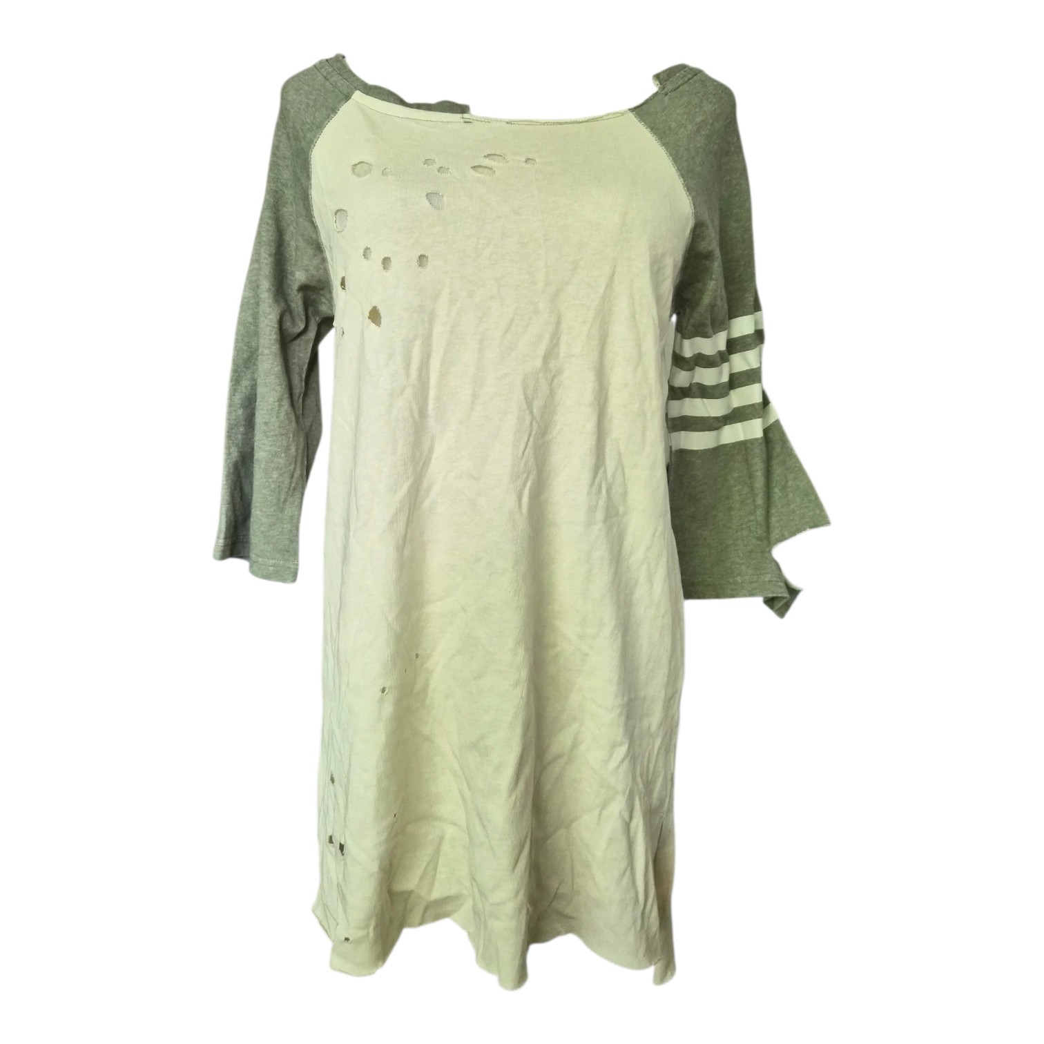 POL Distressed Oversized Tunic Top Small Cream Green Grunge Raw Hem Boho S
