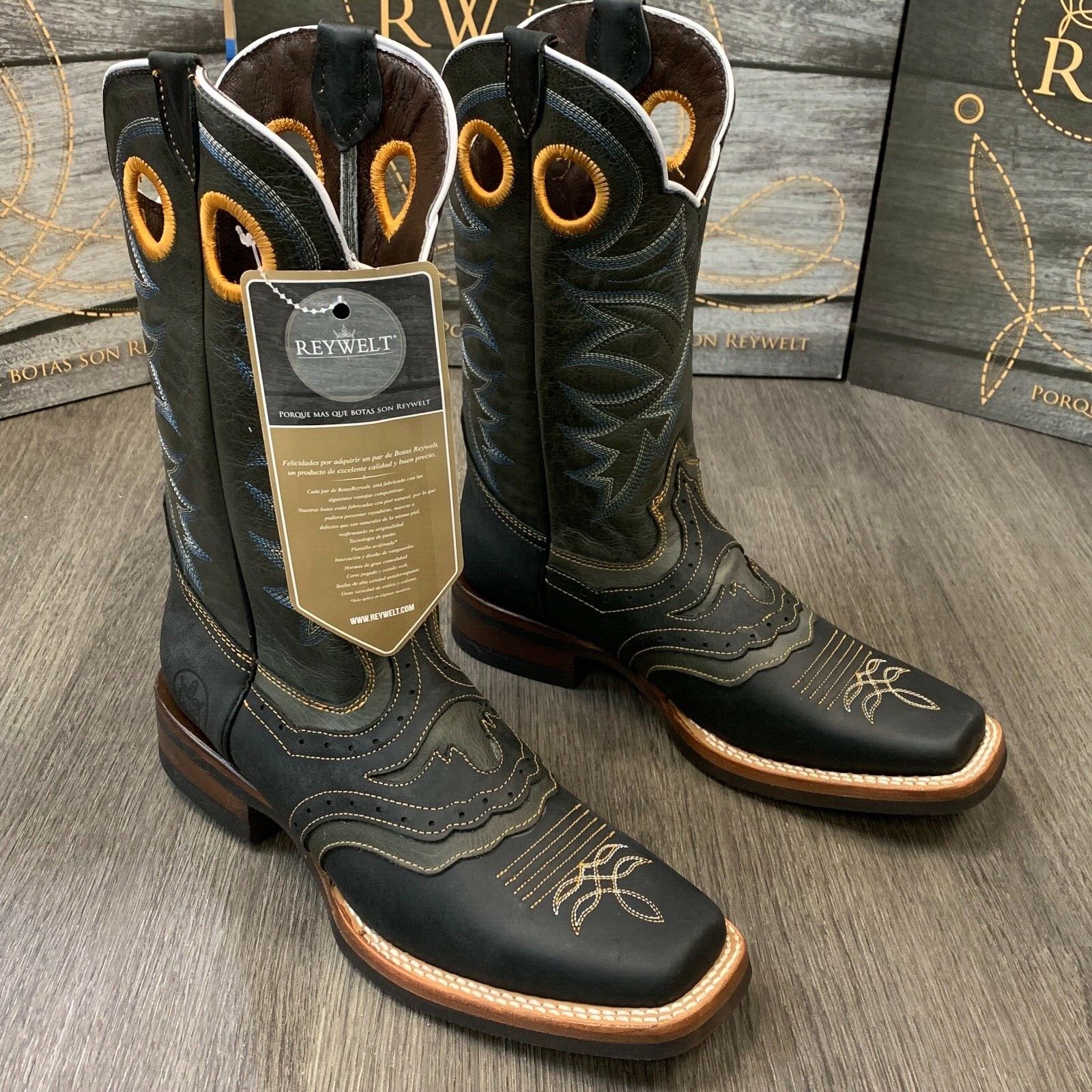 MEN'S RODEO COWBOY BOOTS GENUINE LEATHER WESTERN SQUARE TOE BOOTS BROWN BOTAS