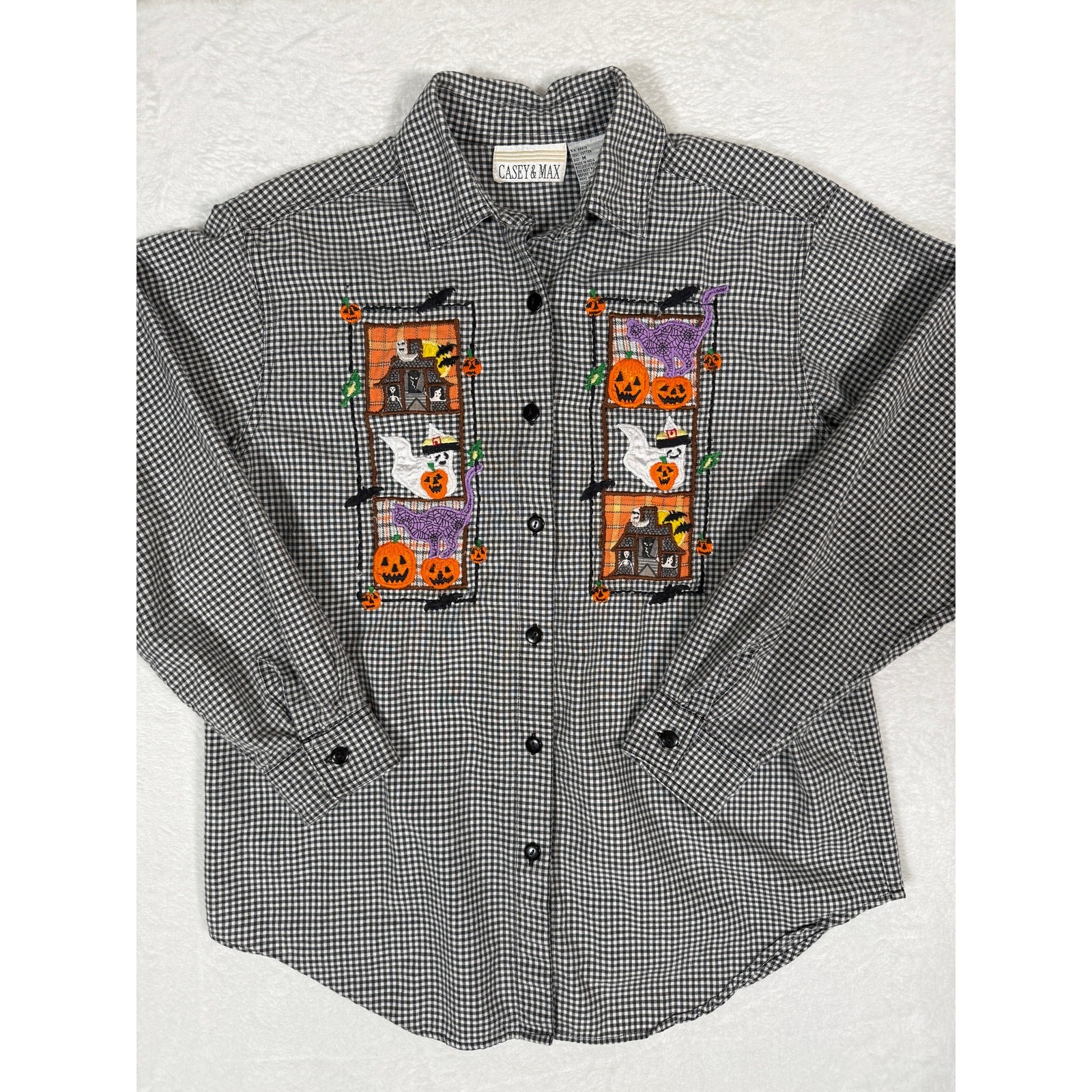 Vintage Casey & Max Halloween Shirt Gingham Embroidered Ghost Pumpkin Button Up