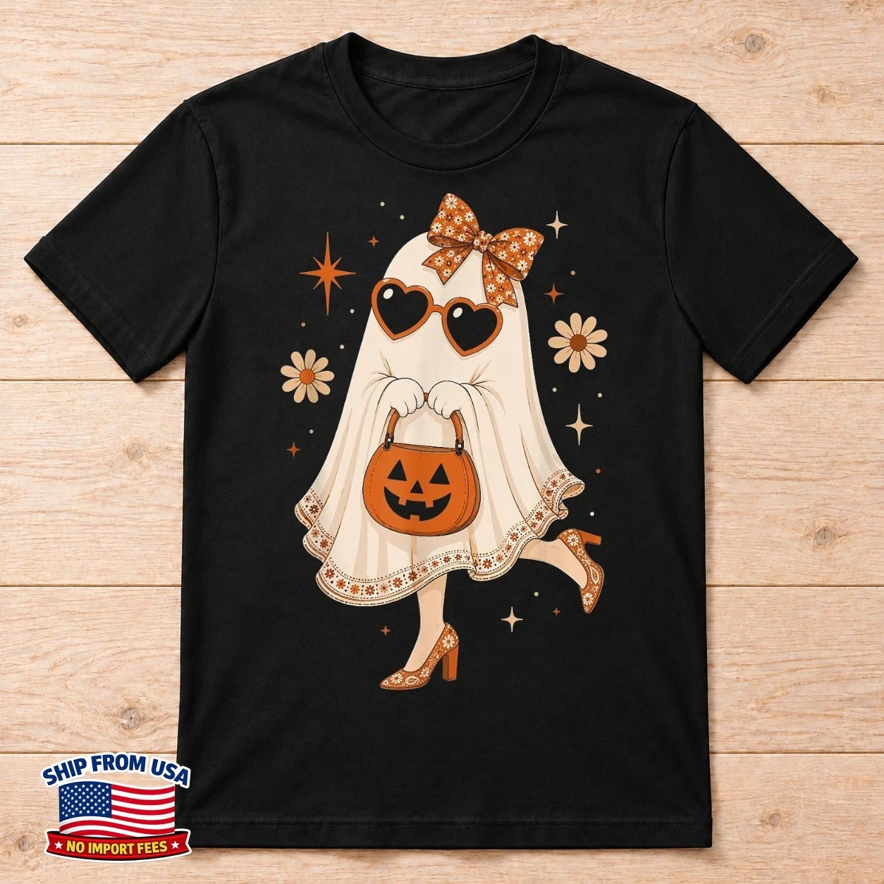 Retro Boho Floral Cute Ghost Halloween Women Girls T-Shirt