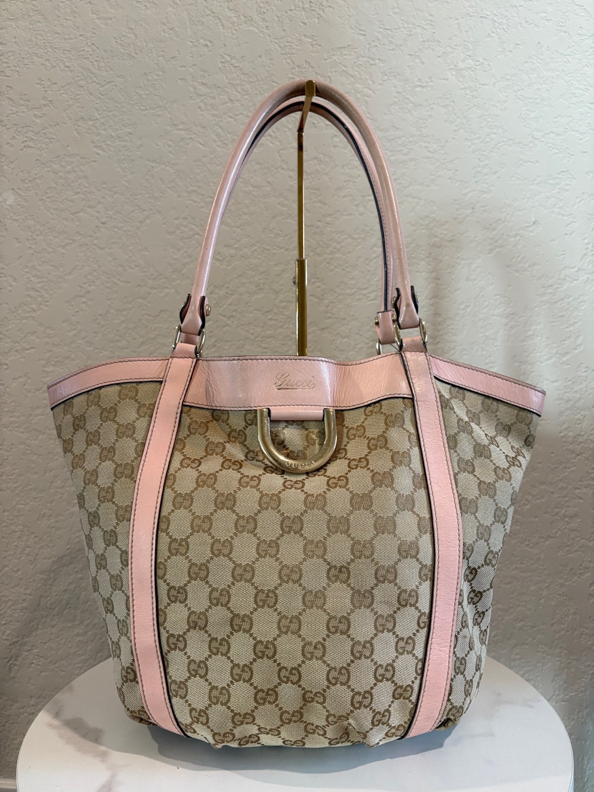 Gucci Monogram Tote Bag Pink Leather Trim