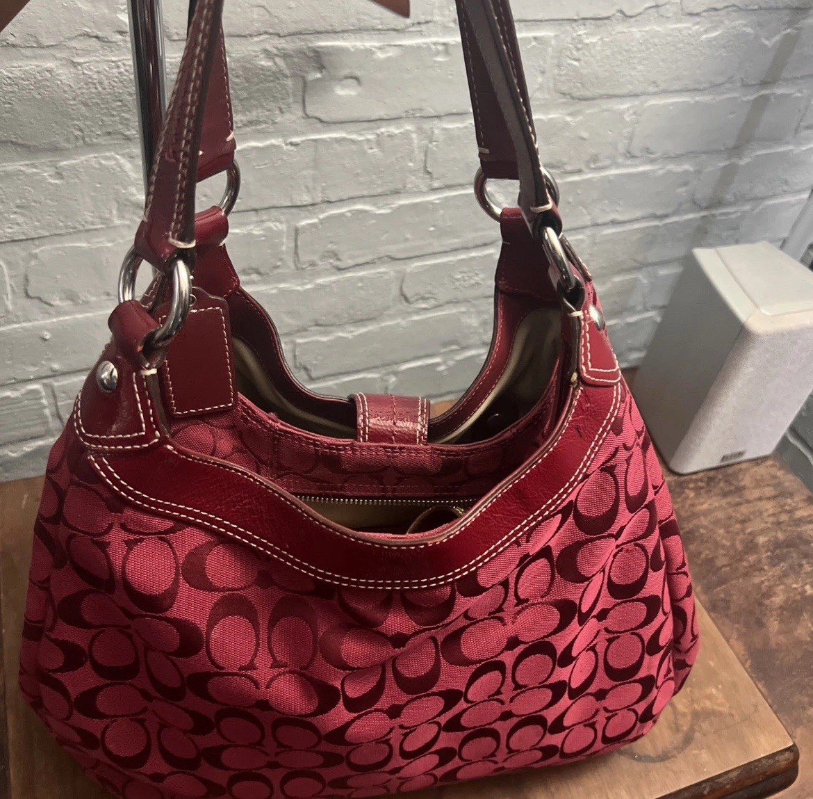 Coach Red Monogram Signature Jacquard Leather Trim Shoulder Bag, Silver HW