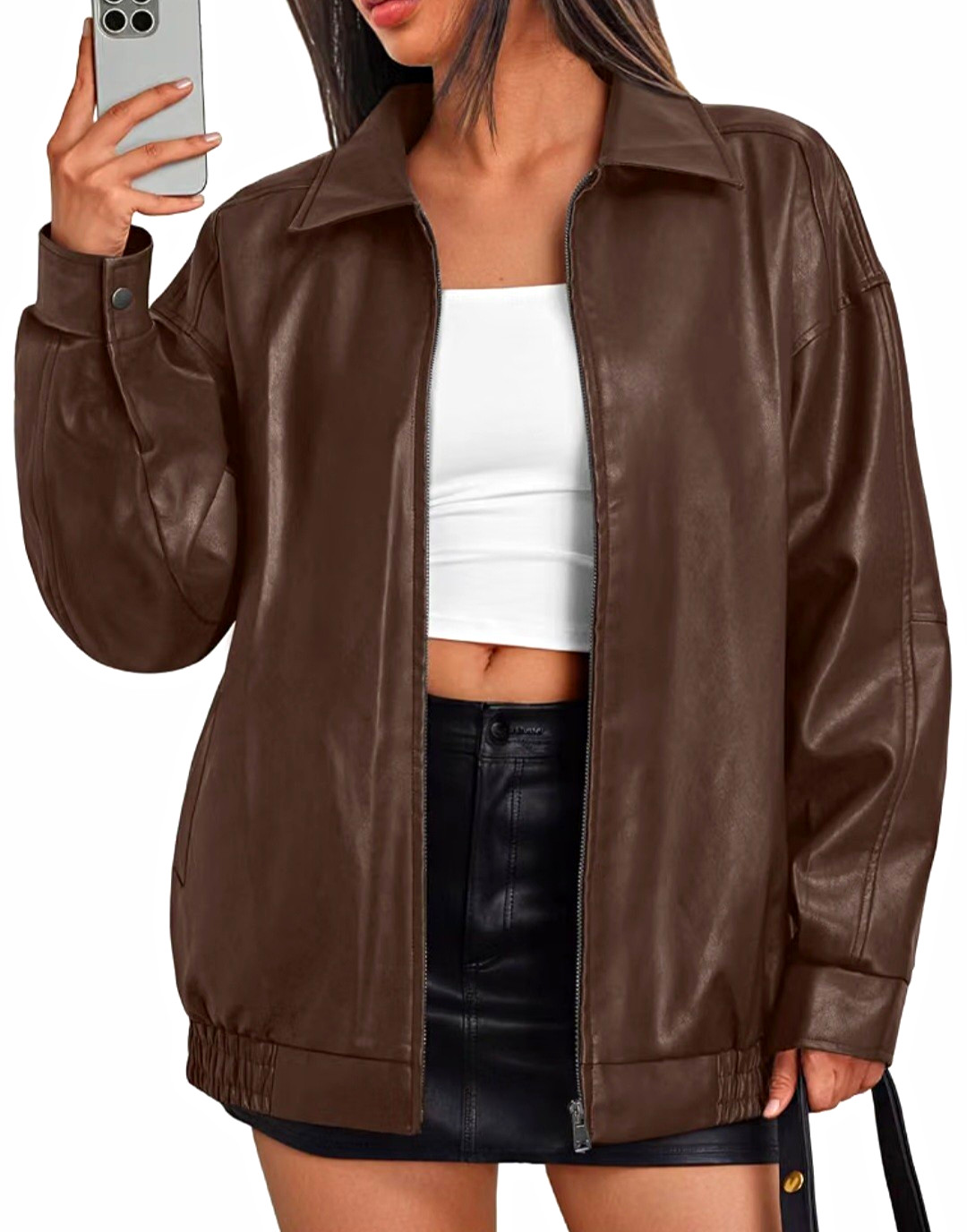 Trendy Queen Women\'s Brown Faux Leather Bomber Jacket Zip Front Lined Size M
