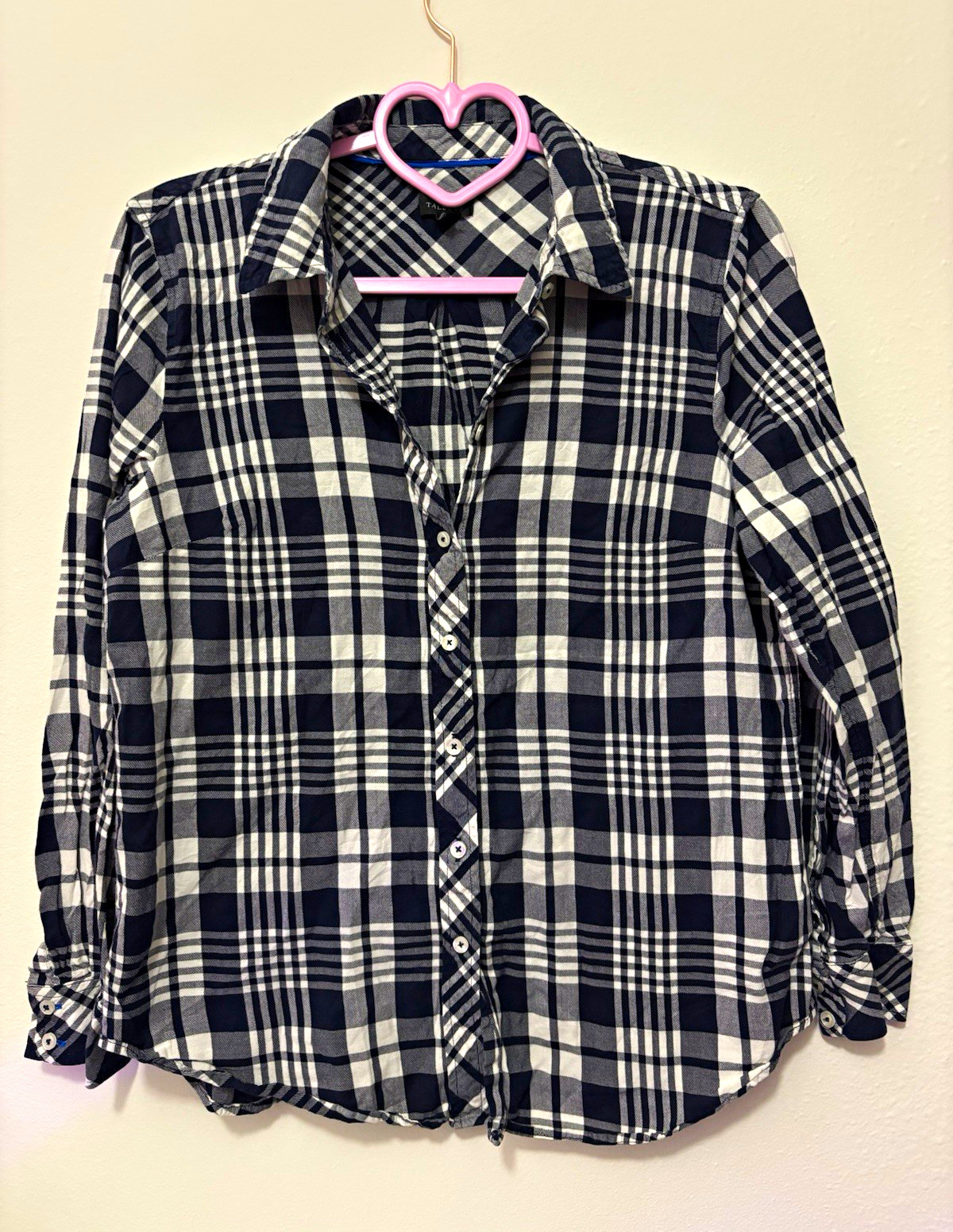 Talbots Women\'s M Regular Blue White Plaid Woven Cotton Collared Button-Up