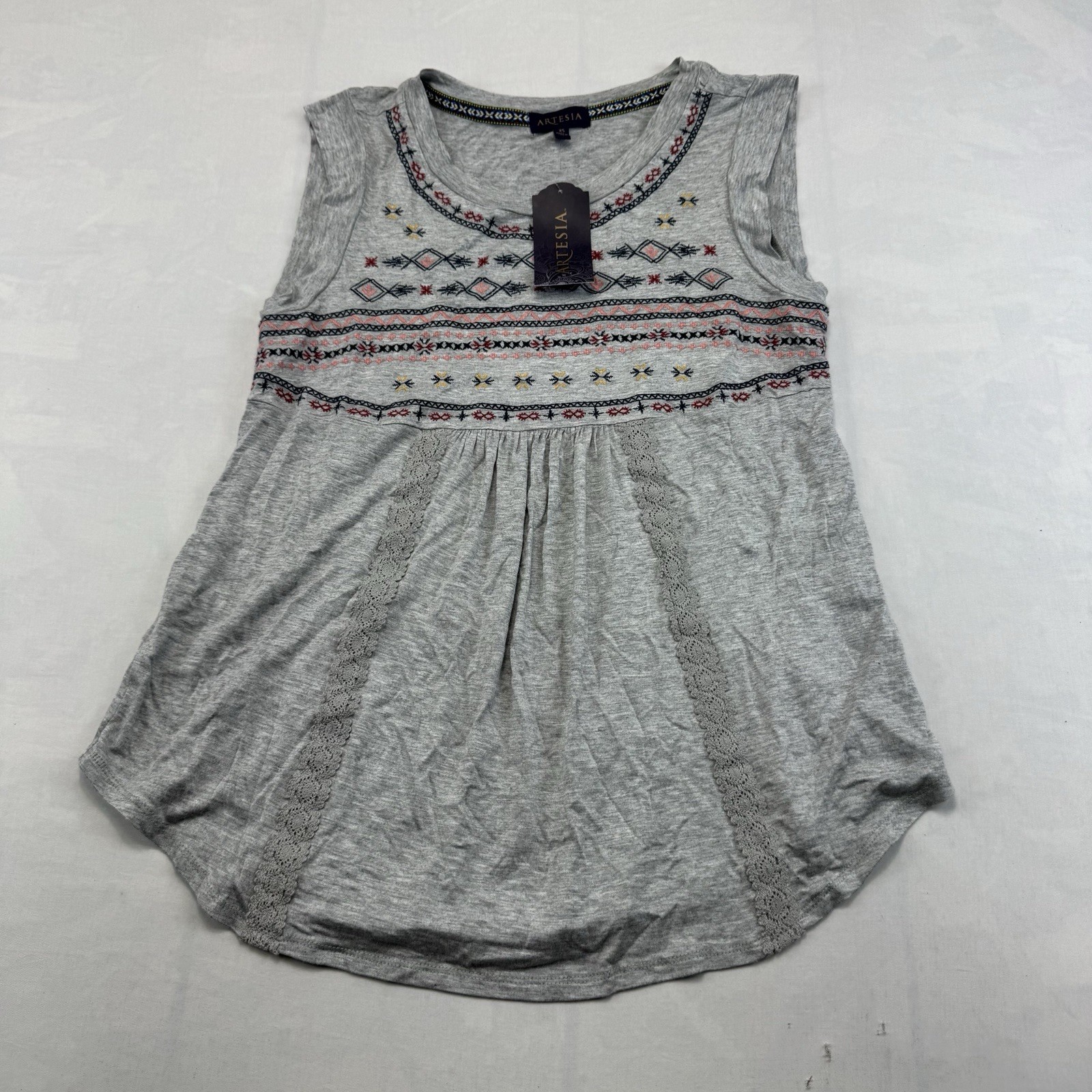 Artesia Women’s XS NWT Heather Gray Embroidered Boho Sleeveless Tunic Top