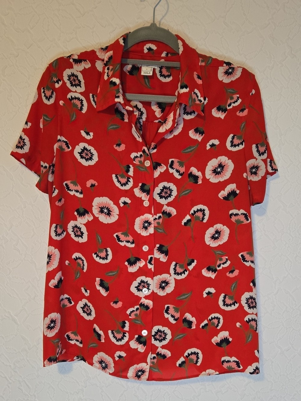 J. Crew Short Sleeved Button Up Top In Red With Poppy Print, Small