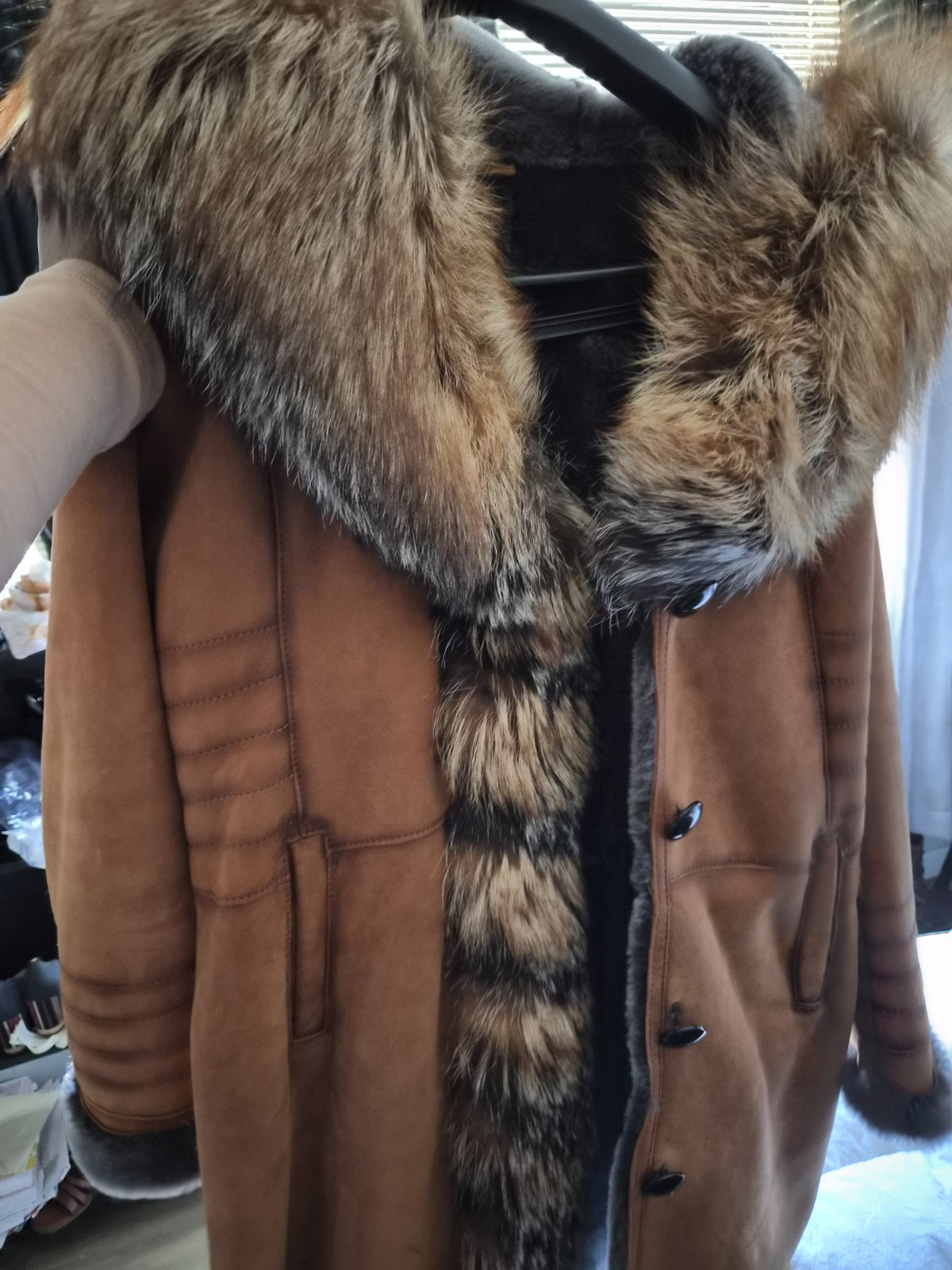 DaRucci NYC Women\'s Brown Leather Shearling Coat Fur Trim Hood Button Lined L