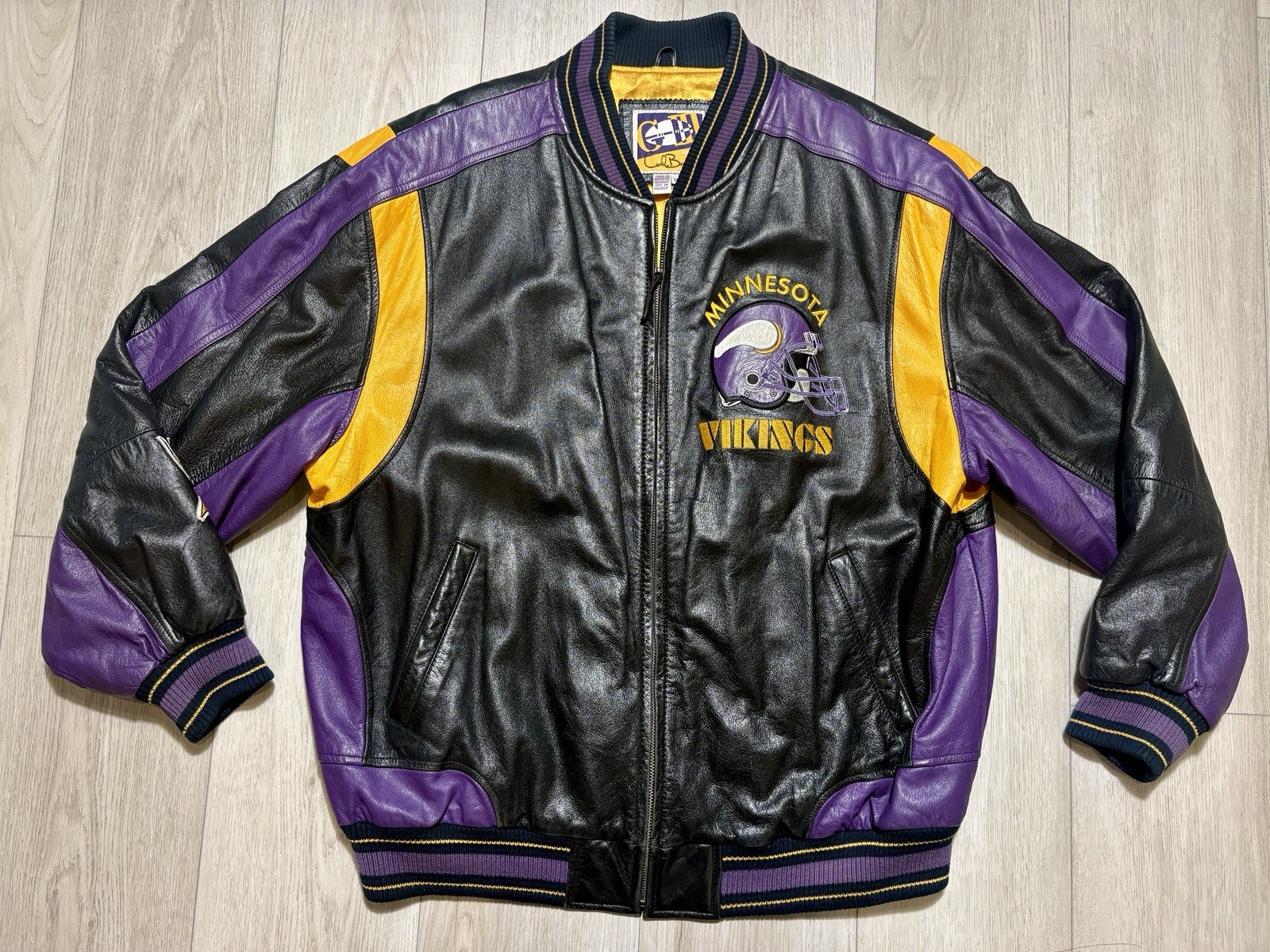 Vintage 90s G-III Carl Banks Minnesota Vikings Leather Bomber Jacket Mens XL NFL