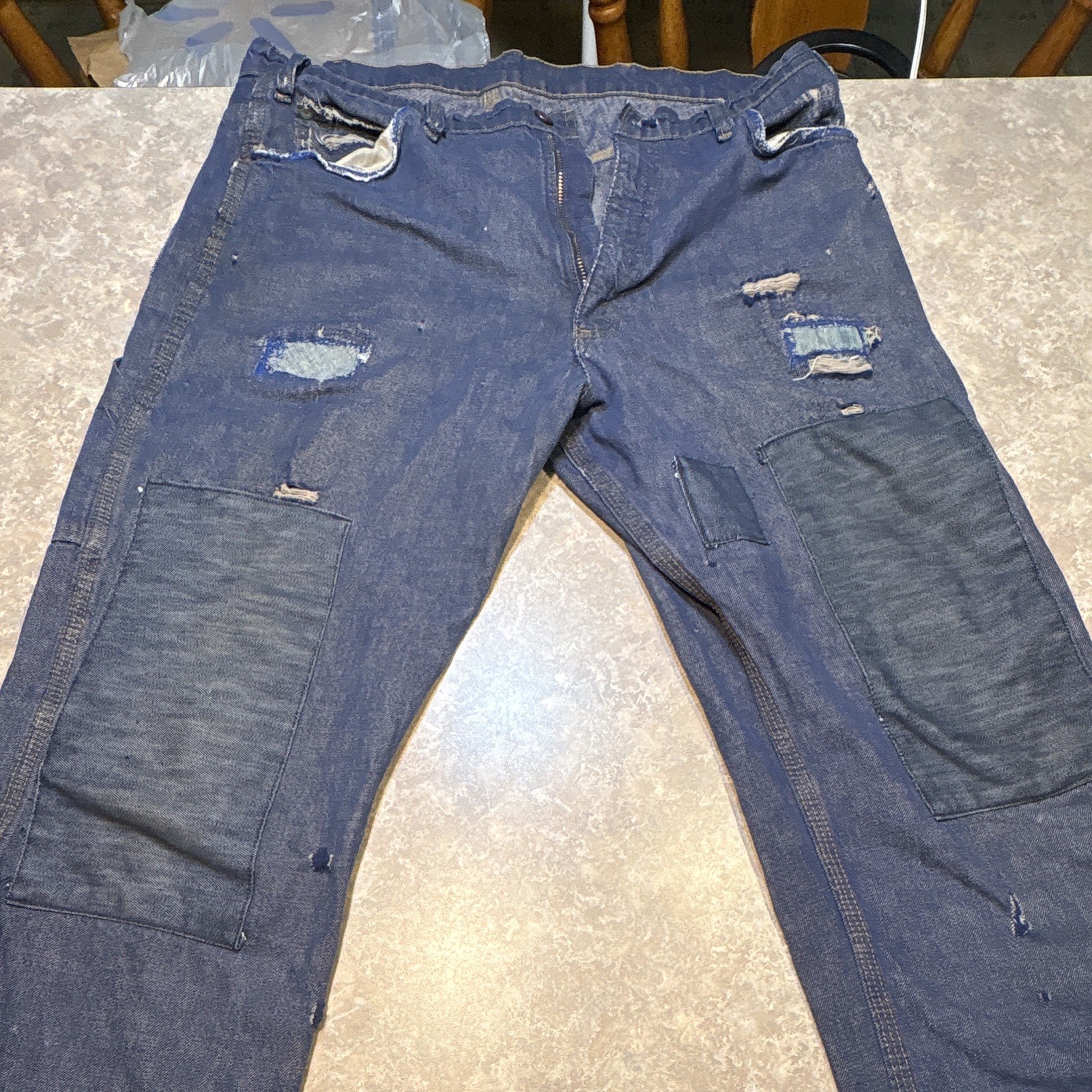 Vintage 60s/70s Distressed Carpenter Double Knee Denim Jeans Vintage Repairs.
