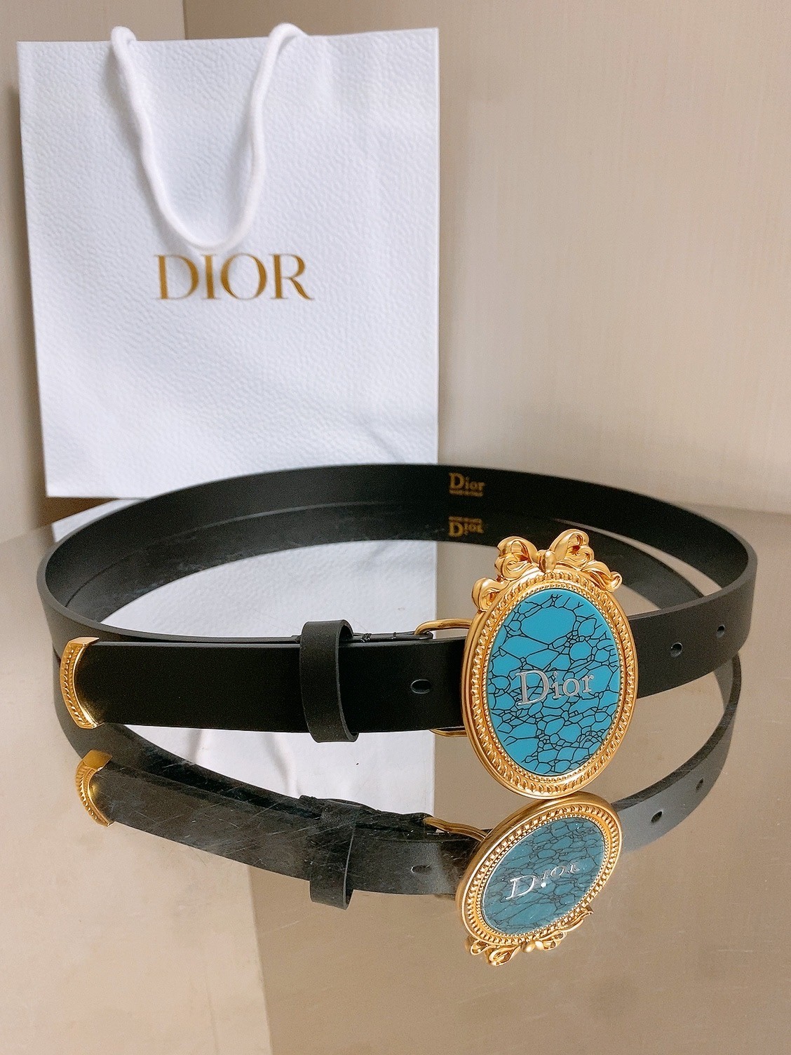 DIOR Women\'s Black Belt Gold Oval Turquoise Logo Buckle Designer With Bag.