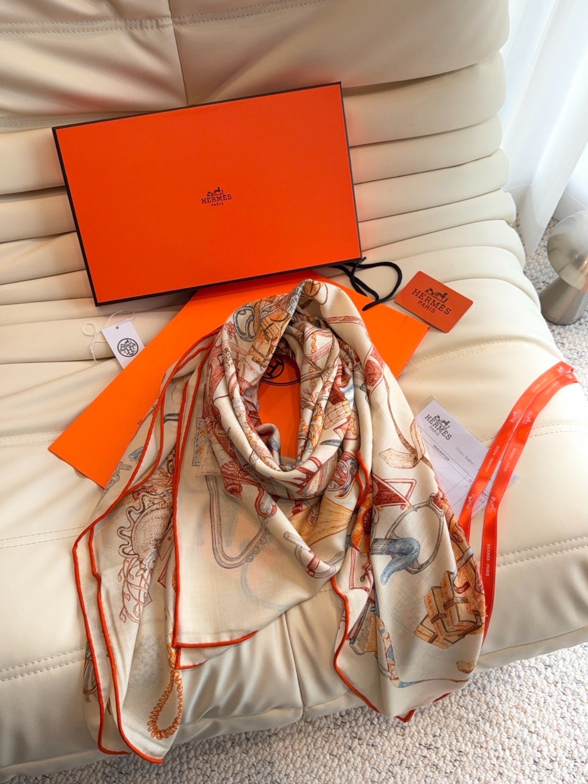 HERMÈS Silk Cashmere Scarf Shawl Cream Orange Equestrian Print 140x140cm