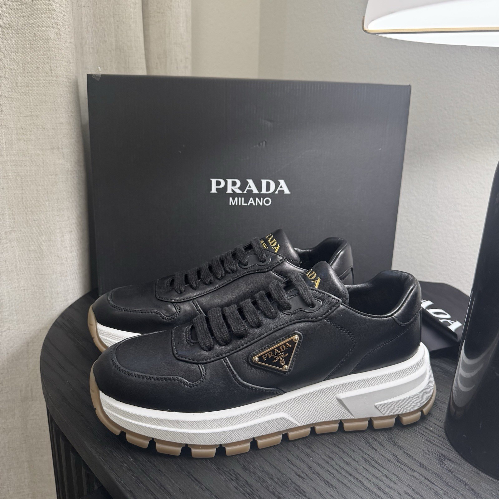 with box Prada Prax 01 Leather LaceUp Sneakers Black 40 G1N