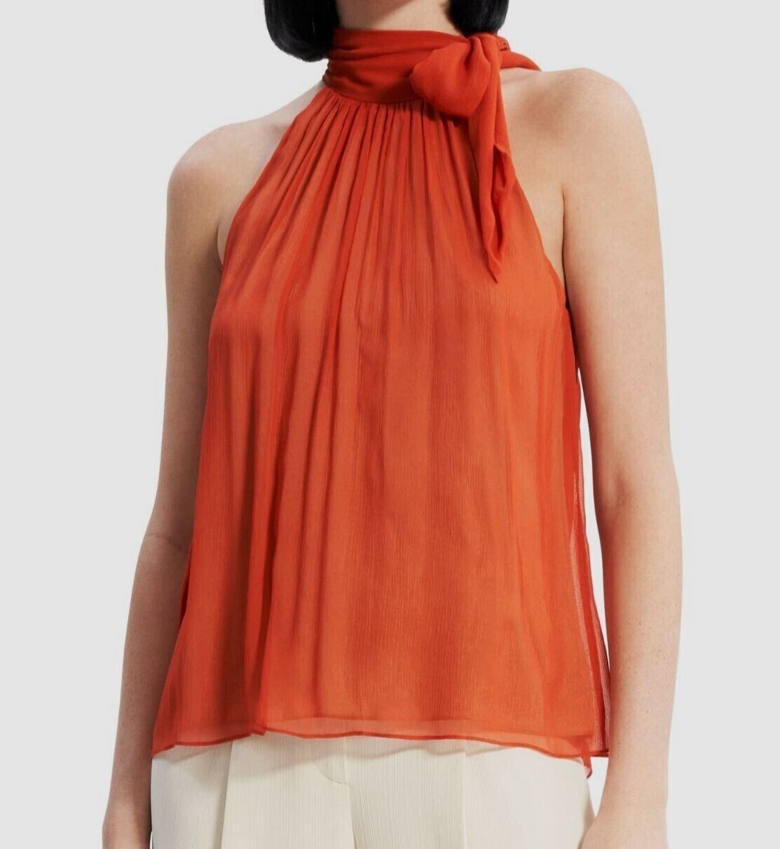 Theory Halter Bow Silk Top Dark Coral L139327 Womens Size S
