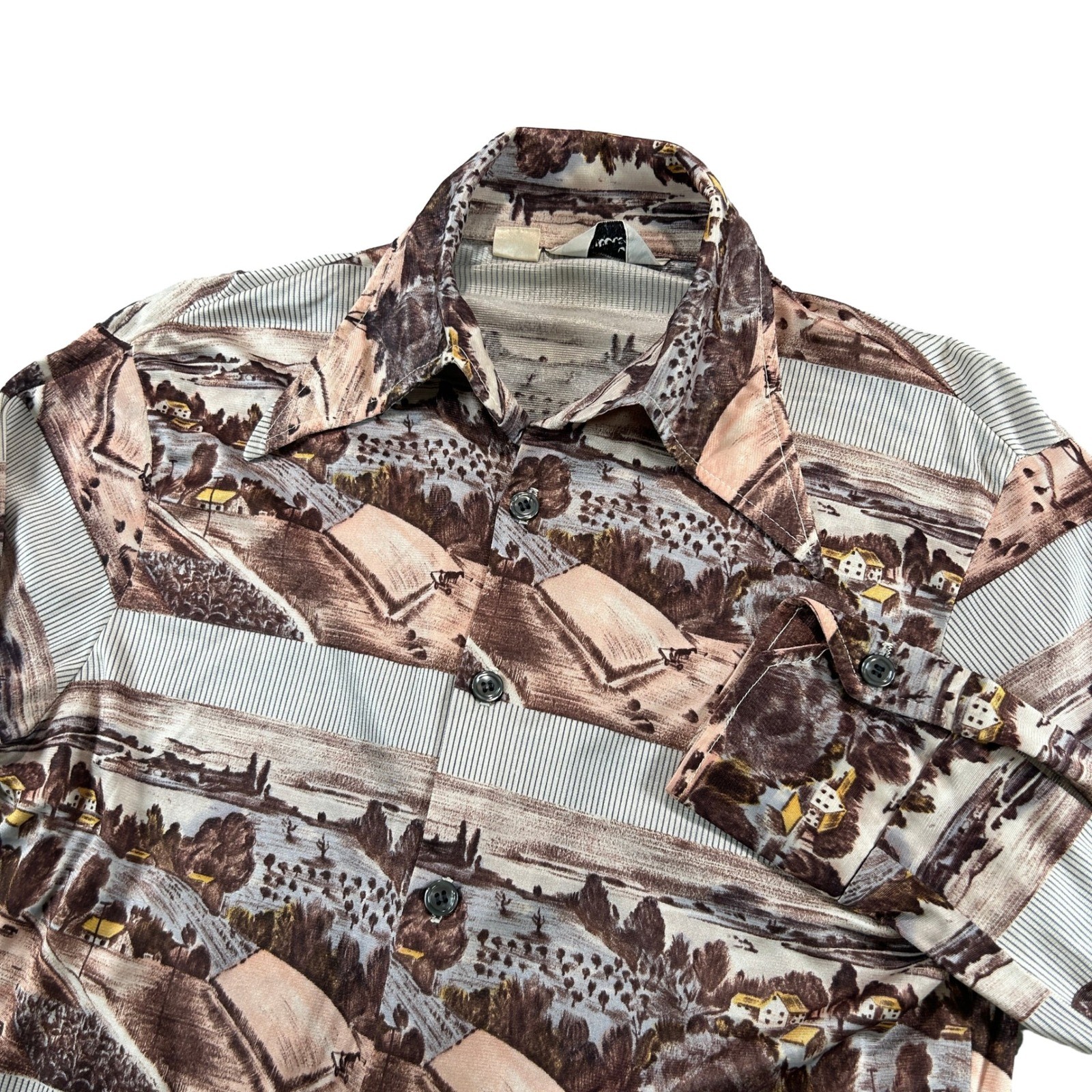 Vintage 70s Piccetto Adler Shirt Mens M Scenic Landscape Print Disco Retro