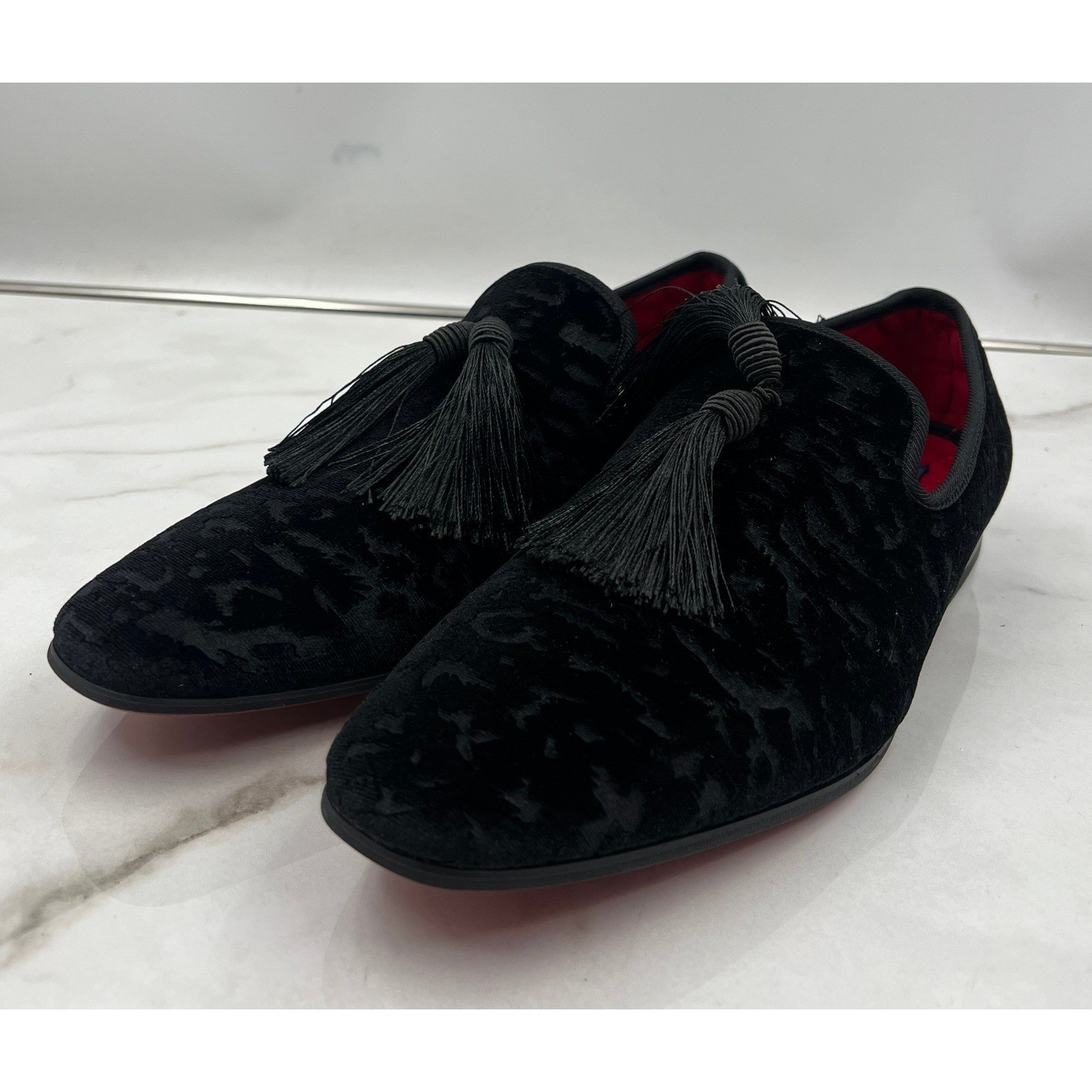 La Milano Villa Loafer Shoes Men\'s Size 12 Black Velvet Tassel Red Bottom Dress