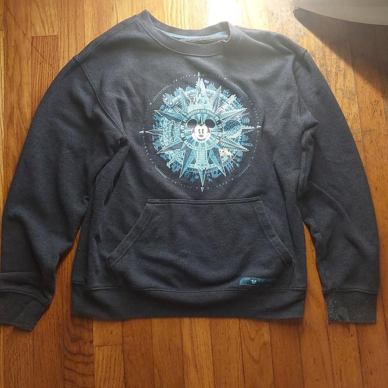 Disney Parks crewneck sweatshirt with blue compass design featuring Mickey Mouse