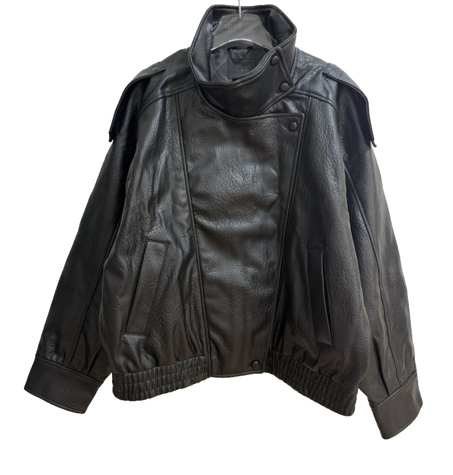 Zara AW 2025 VIRAL Black Faux Leather Jacket Biker Coat L Large 4391/872 NWT