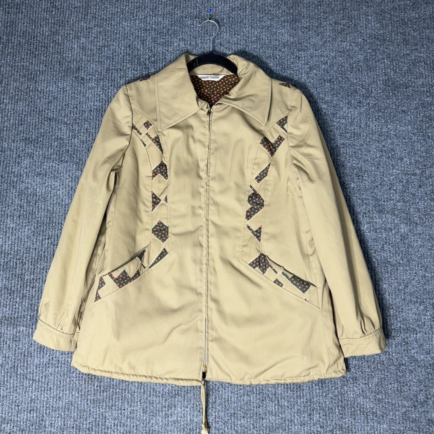 Vintage Junior Charm Quilted Floral Jacket Womens L Tan Zip Front Retro 70s