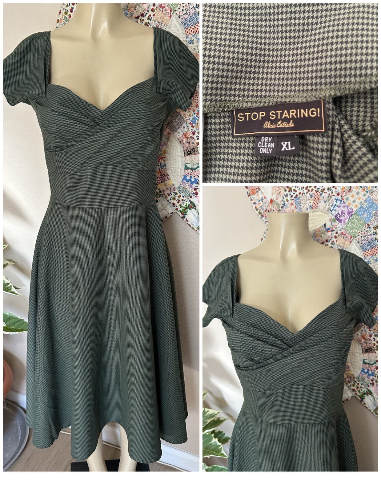 STOP STARING Fall Dress Rayon Blend HOUNDSTOOTH Green M 36\