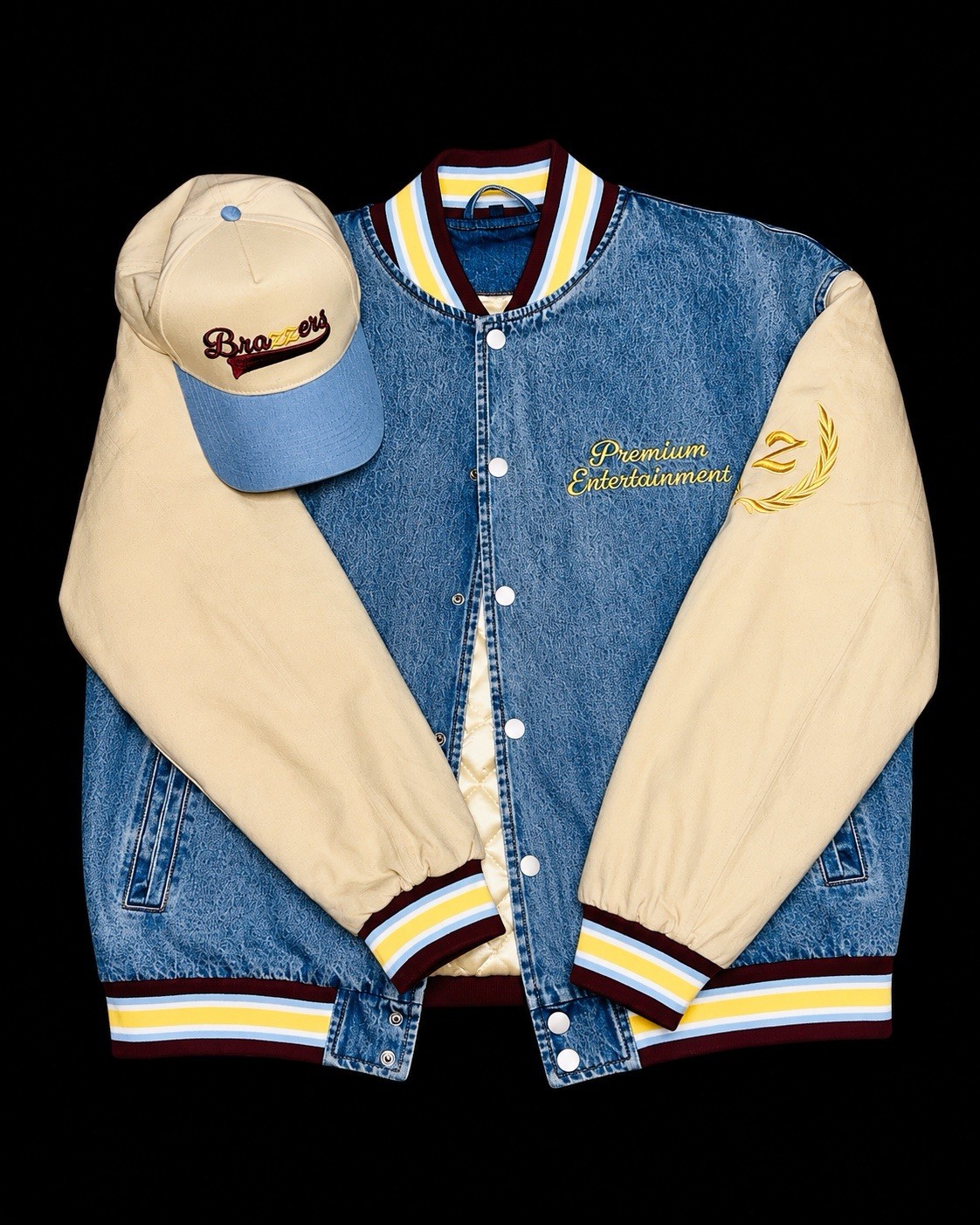 Brazzers PREMIUM DENIM LETTERMAN JACKET Size Large NWOT Plus Matching Hat RARE