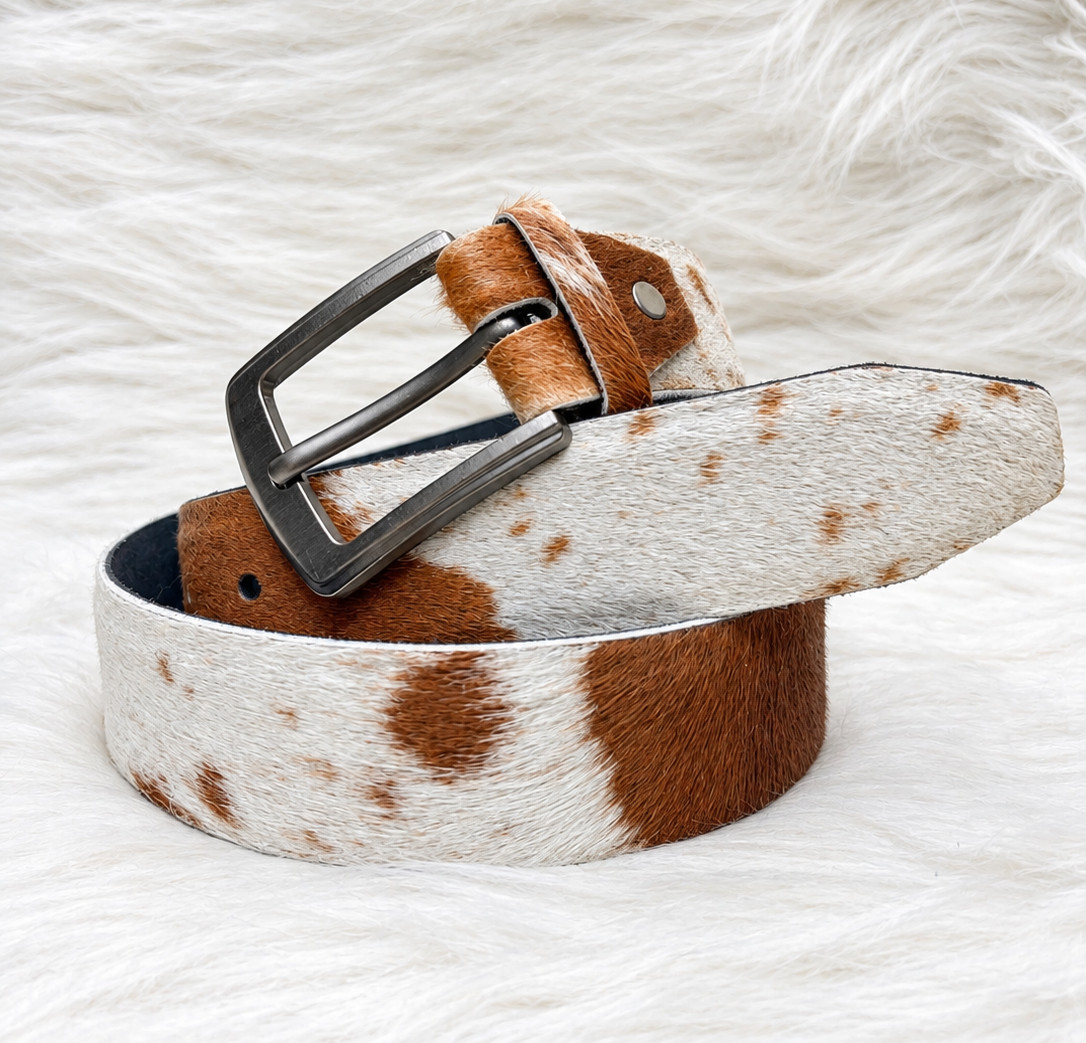 Genuine Cowhide Hair-On Leather Belt – Brown & White Unisex Leather Belt