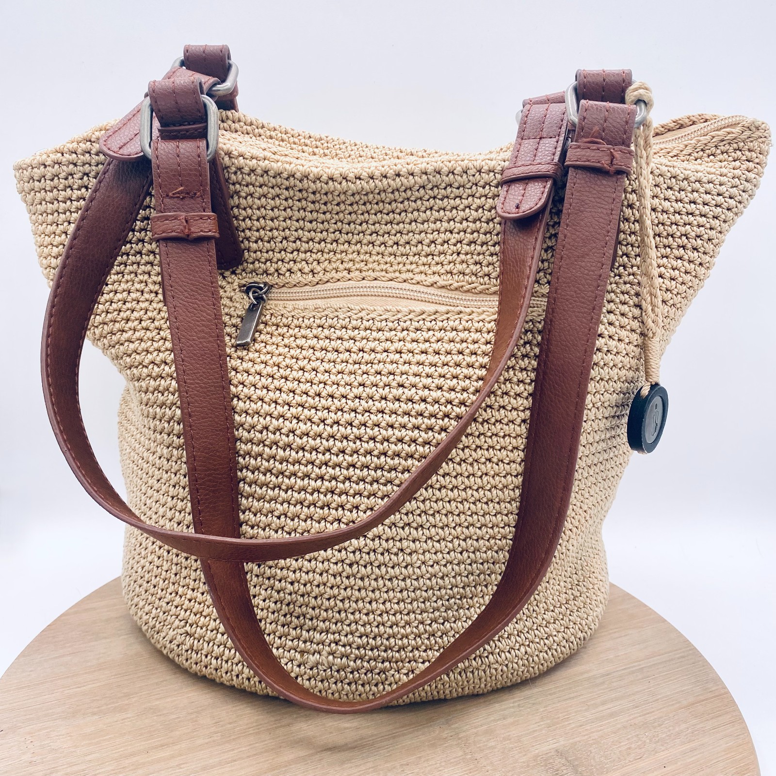 The Sak Crochet Handbag Beige Woven Shoulder Bag Double Strap Tote X-Large