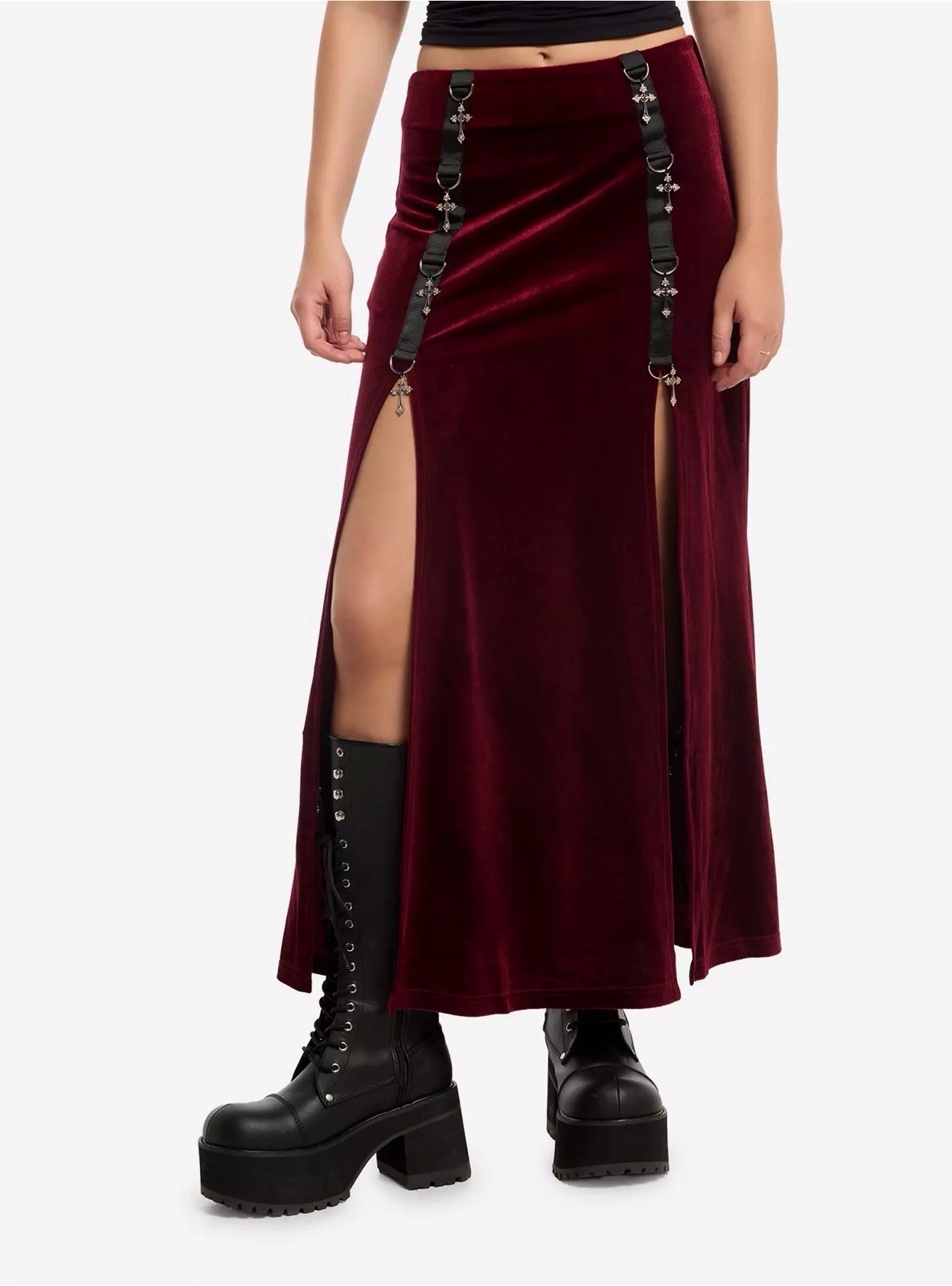 Social Collision Gothic Cross Hardware Velvet Maxi Skirt NWT SIZE L