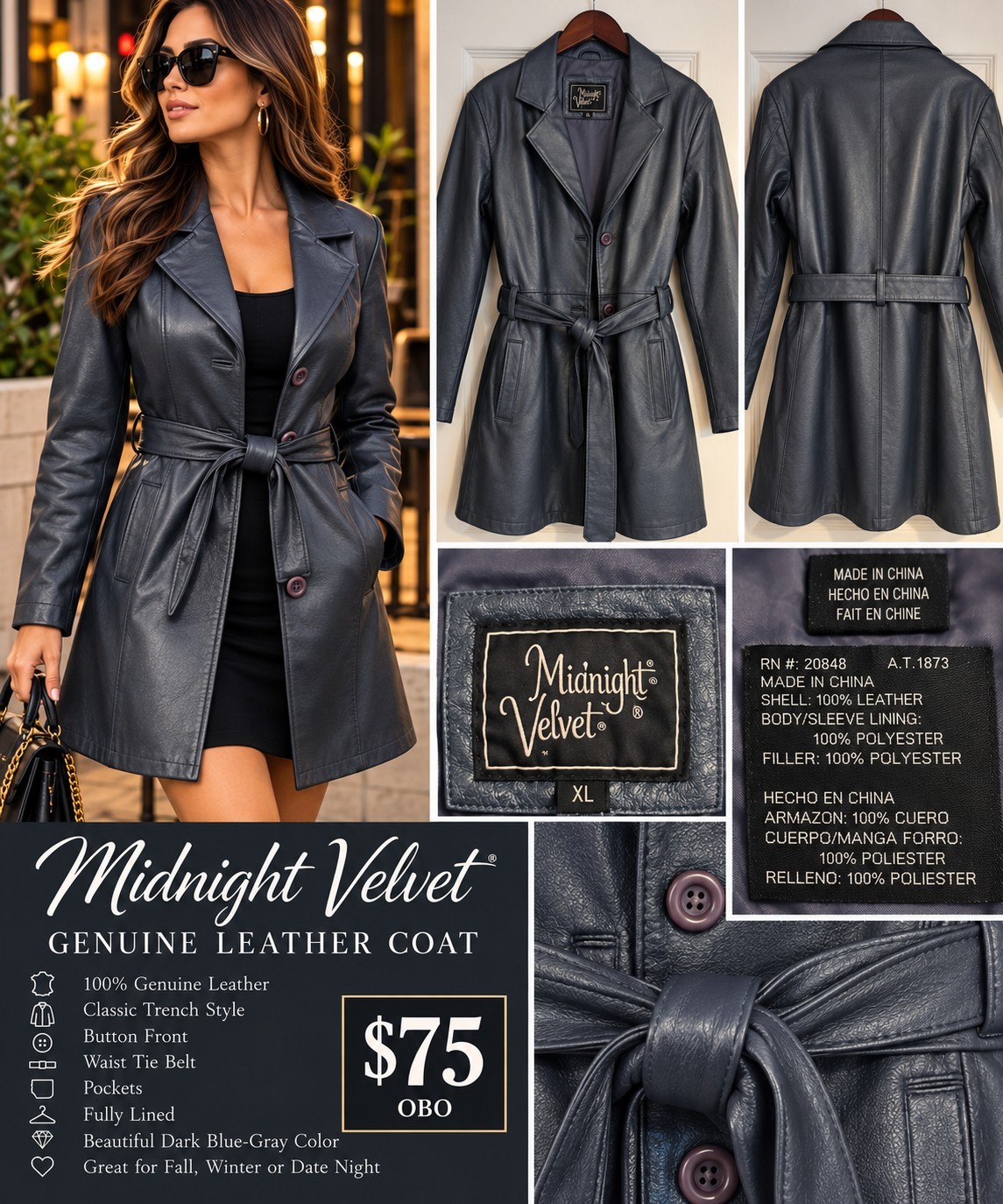 Vintage Midnight Velvet Dark Silver/Blue 100% Leather Jacket Size XL