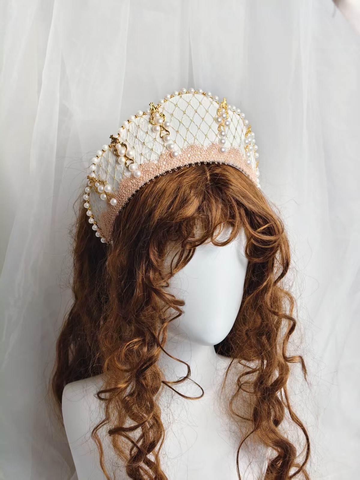Renaissance French Hood,Faux Pearl Lace Headdress, Tudor Medieval Headpiece