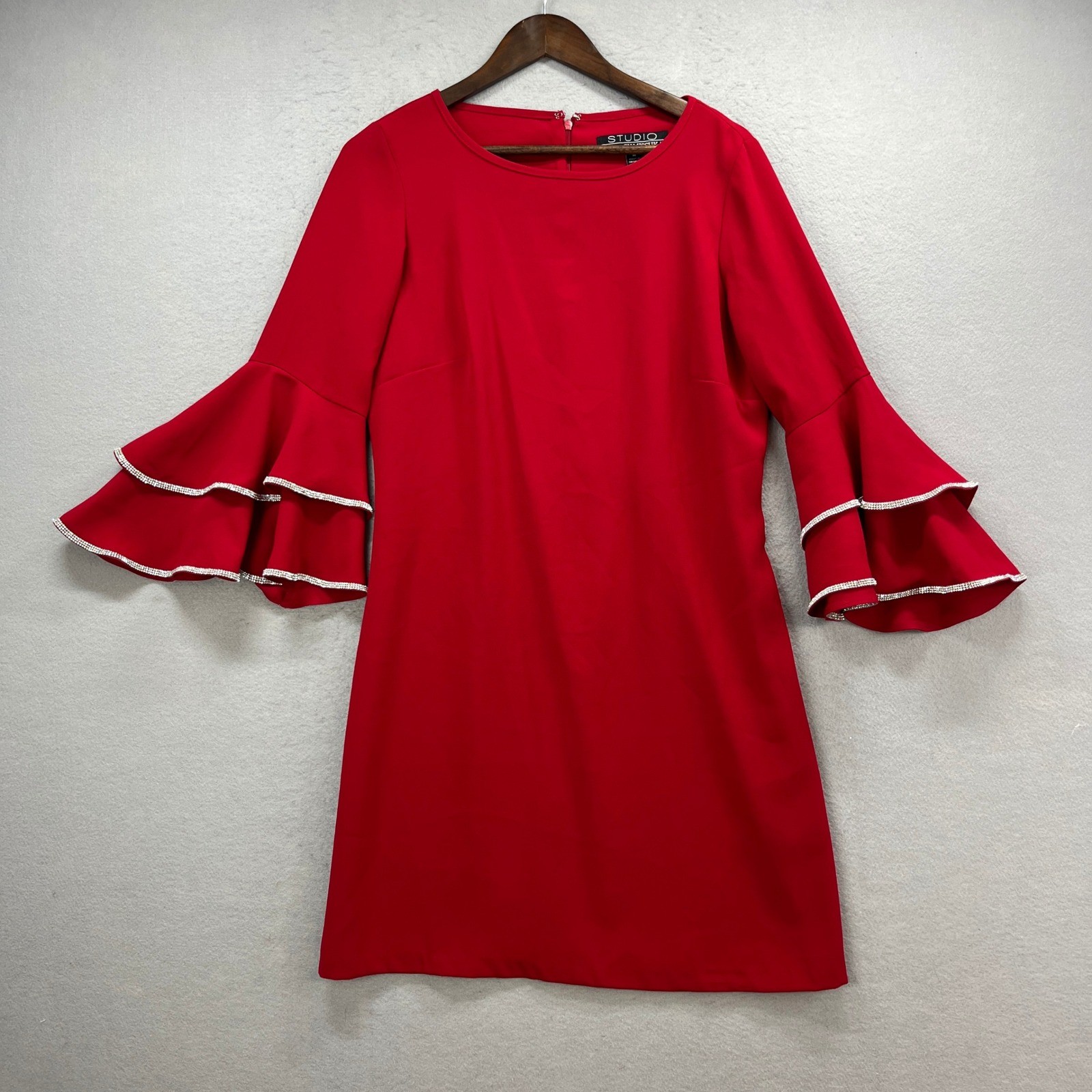 Studio Badgley Mischka Shift Dress Women M Red Bell Sleeve Rhinestone Trim Party