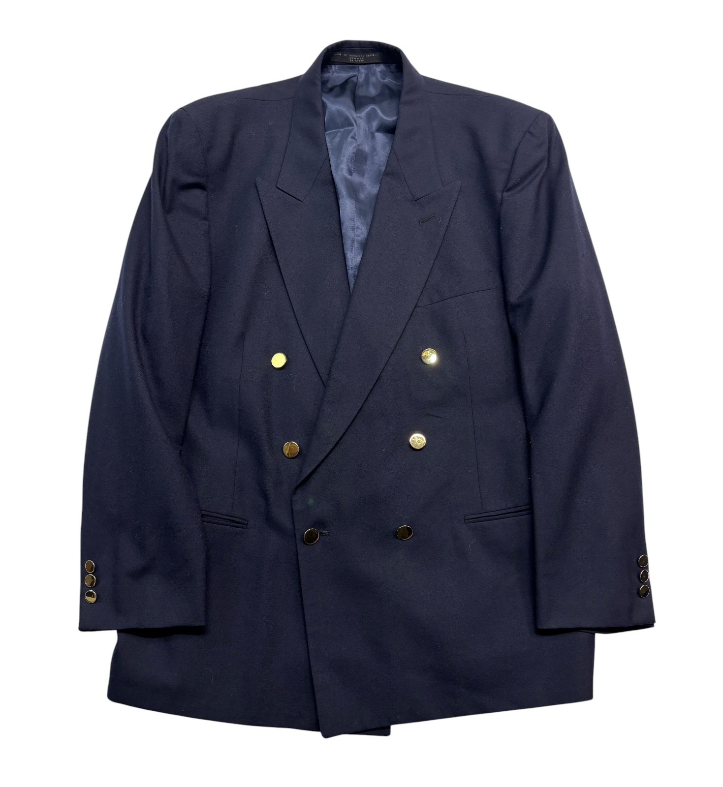 vtg 90s Albert Nipon 46R Navy Blue Gold Buttons Double Breasted Blazer Jacket