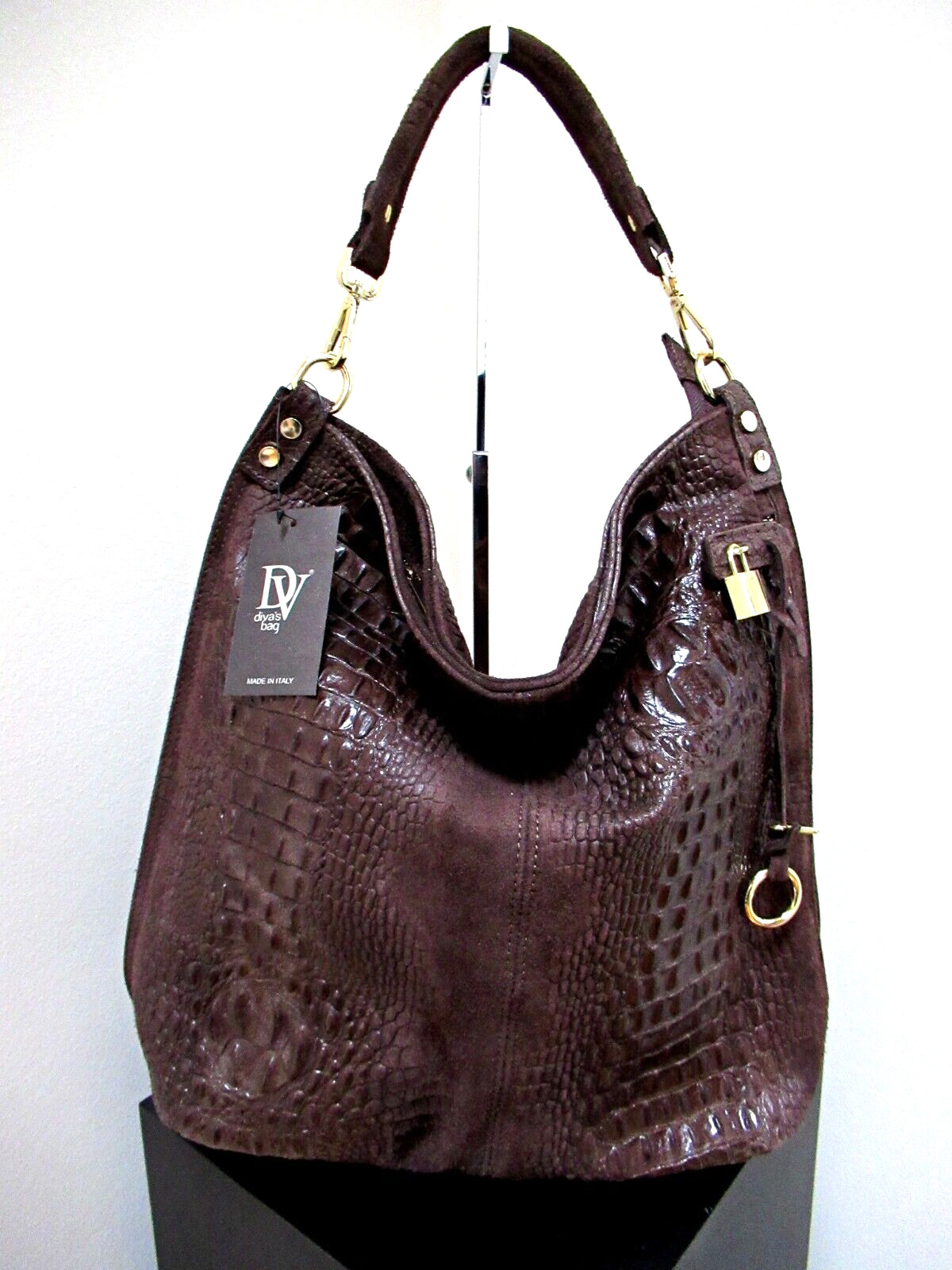 ITALIAN X-LARGE SHOULDER BAG LEATHER & SUEDE CROCO EMBOSSED; DIVA- MADE IN ITALY