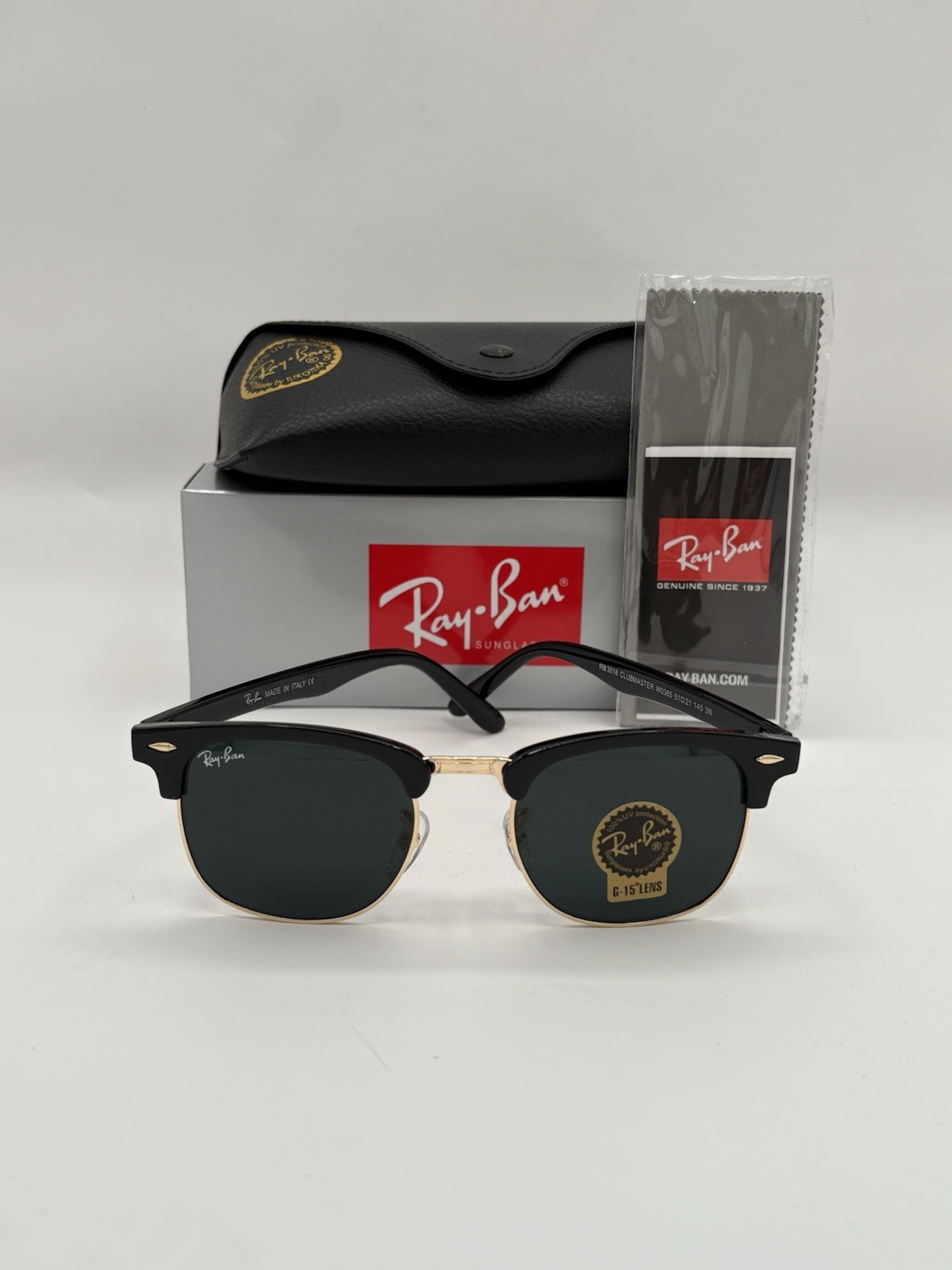 Ray-Ban RB3016 Sunglasses Clubmaster Classic Black Frame Glass Gray Lens 51 mm