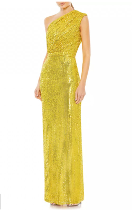 NWT Sequin Ruched One Shoulder Gown in Yellow 26694 mac duggal sz 2 MSRP $398