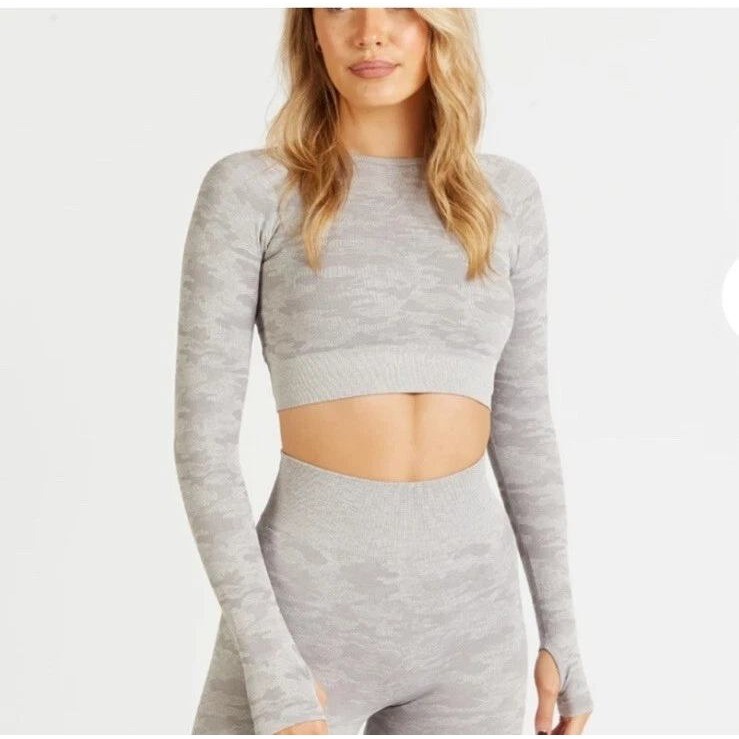 AYBL Camo Long Sleeve Crop Top Women XS Grey NWOT Seamless Thumbholes