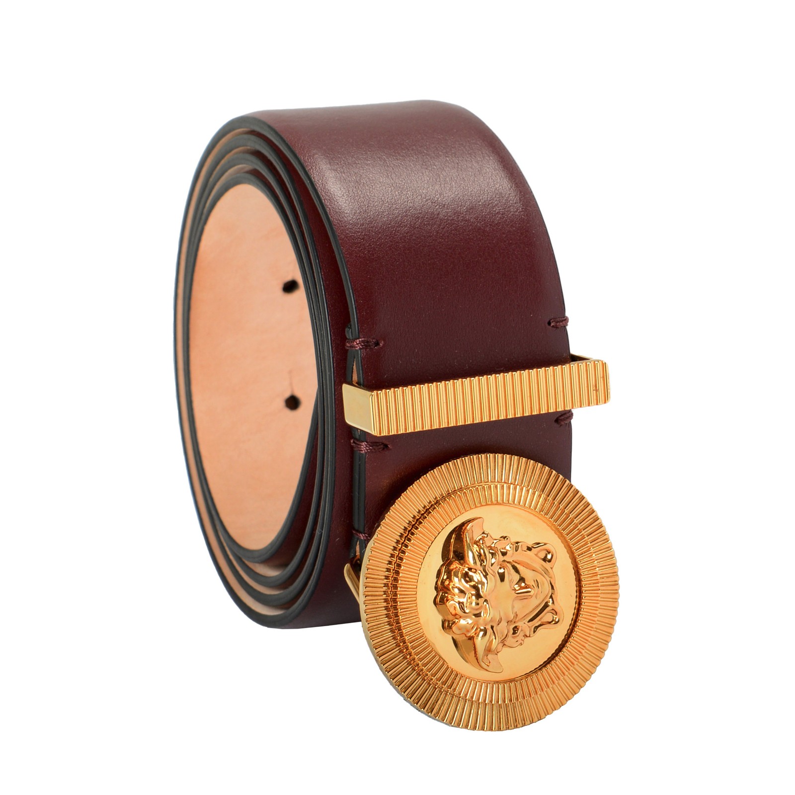 Versace Deep Burgundy 100% Leather Metal Medusa Head Logo Decorated Belt
