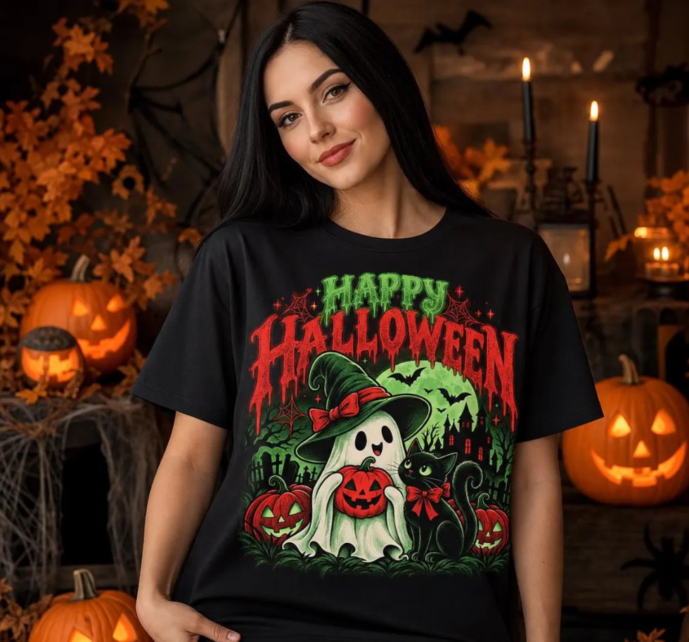 Halloween Ghost, Cute Pumpkin Witch Black Unisex T-Shirt S-5XL