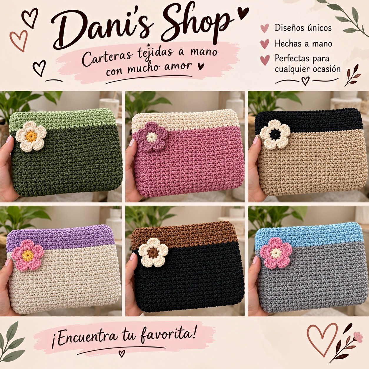 Handmade Crochet Women’s Small Pouch Bag Green Flower Applique 8x6x4\